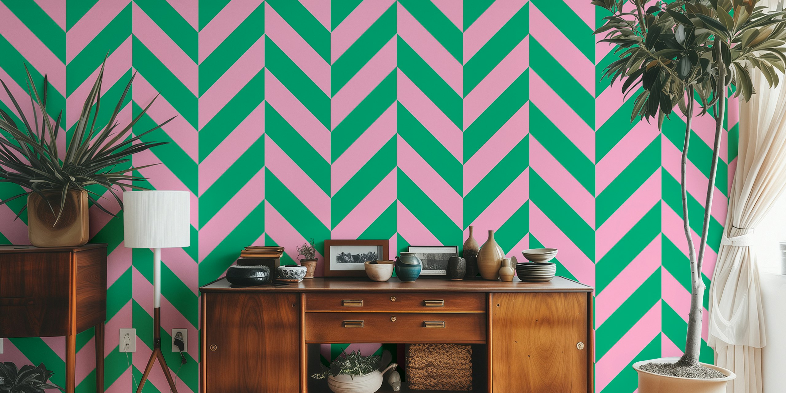 Bold chevron wallpaper in pink and green