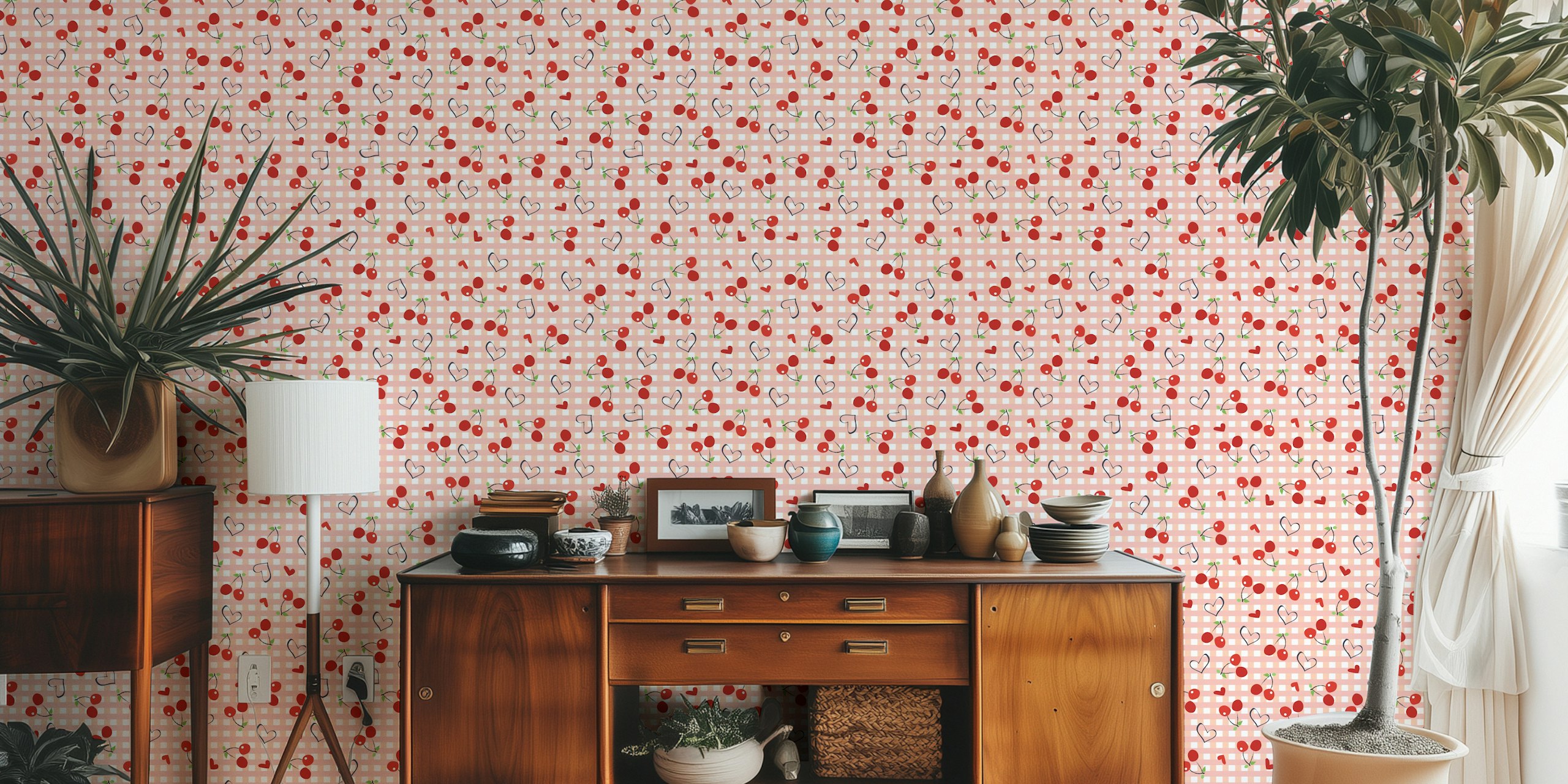 Cherries with plaid gingham print hearts design