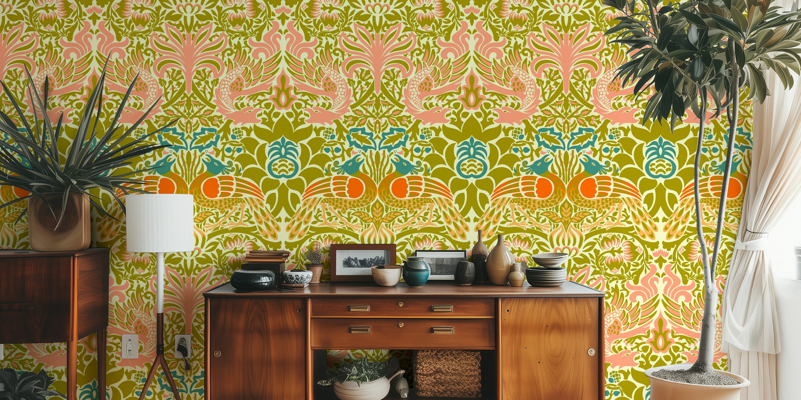 Victorian Peacock and Dragon pattern wallpaper in a room