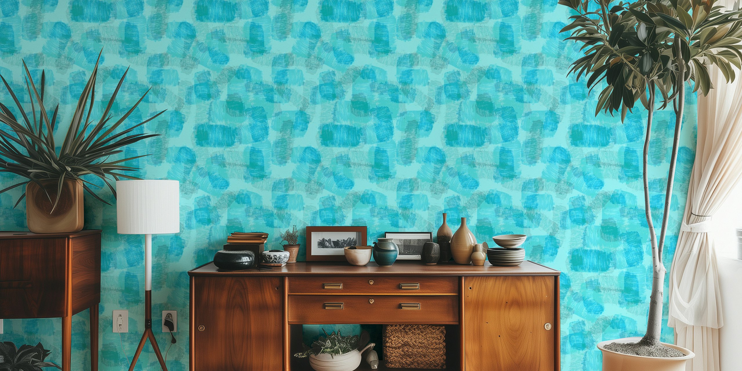 Abstract brushstroke wallpaper in shades of blue and teal