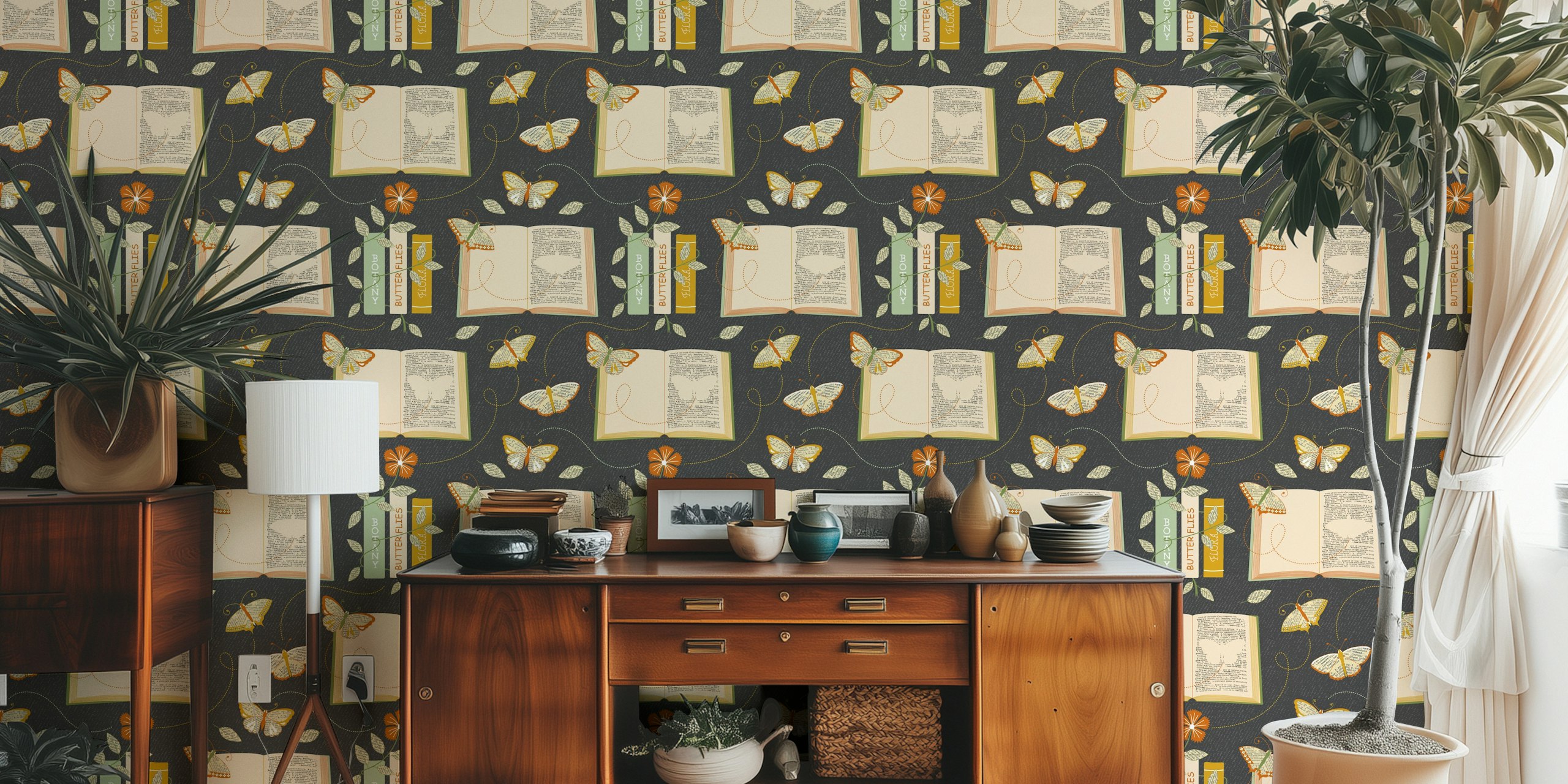 Mural de una biblioteca temática oscura con libros antiguos, mariposas y elementos botánicos.