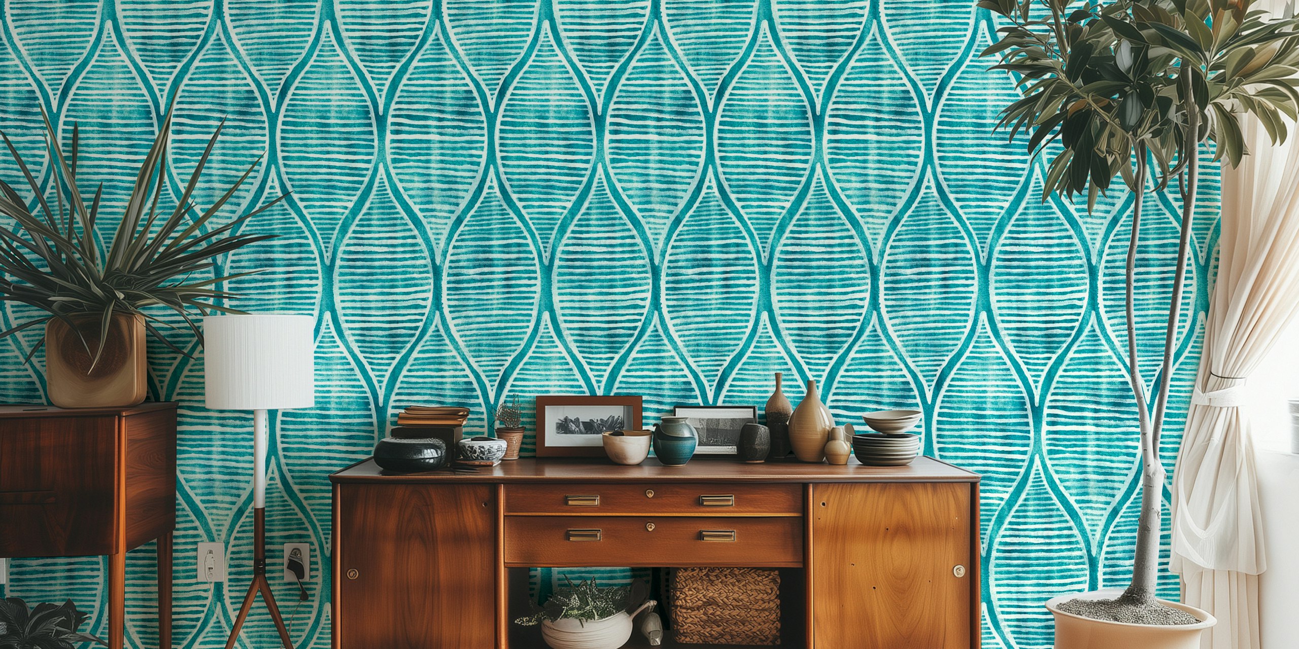 Teal blue and off-white ogee pattern wallpaper
