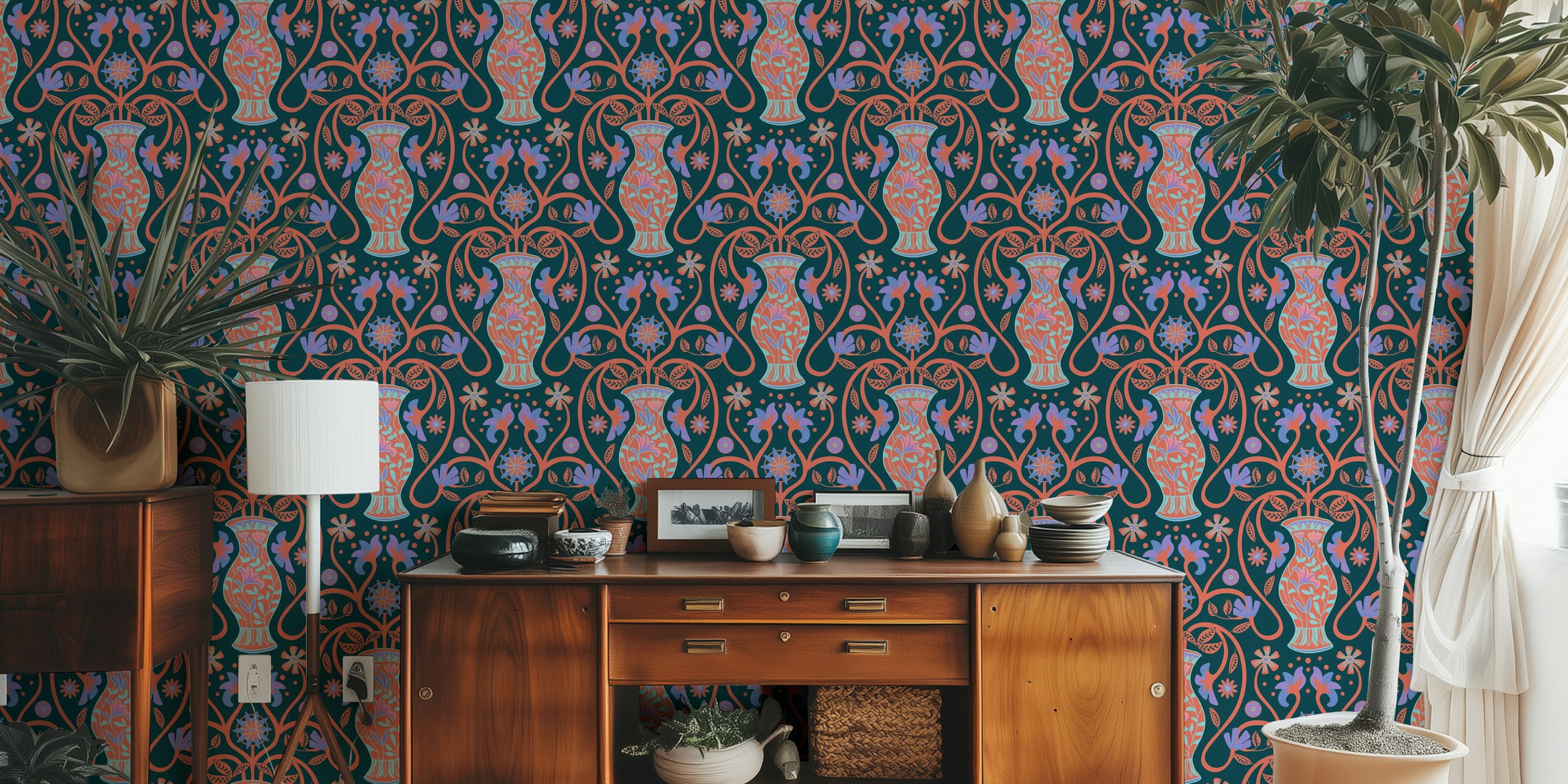 Mediterranean floral terracotta design with vases and flowers wallpaper