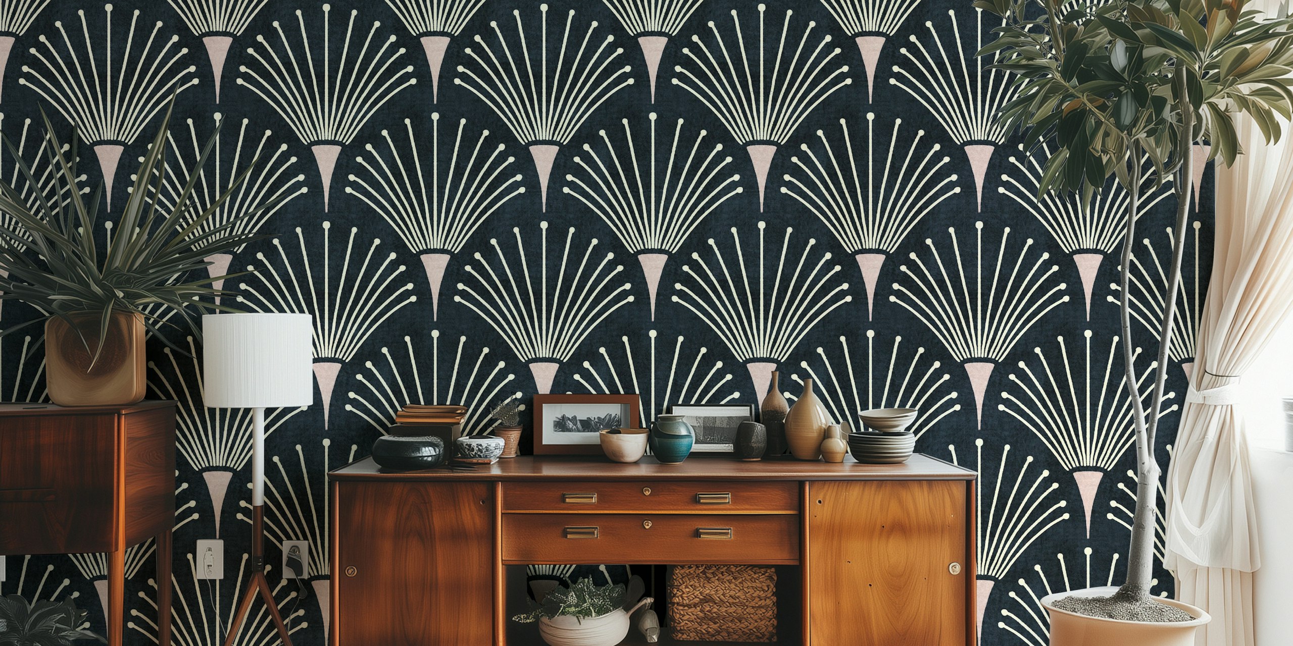 Albertine navy wallpaper displayed in a room