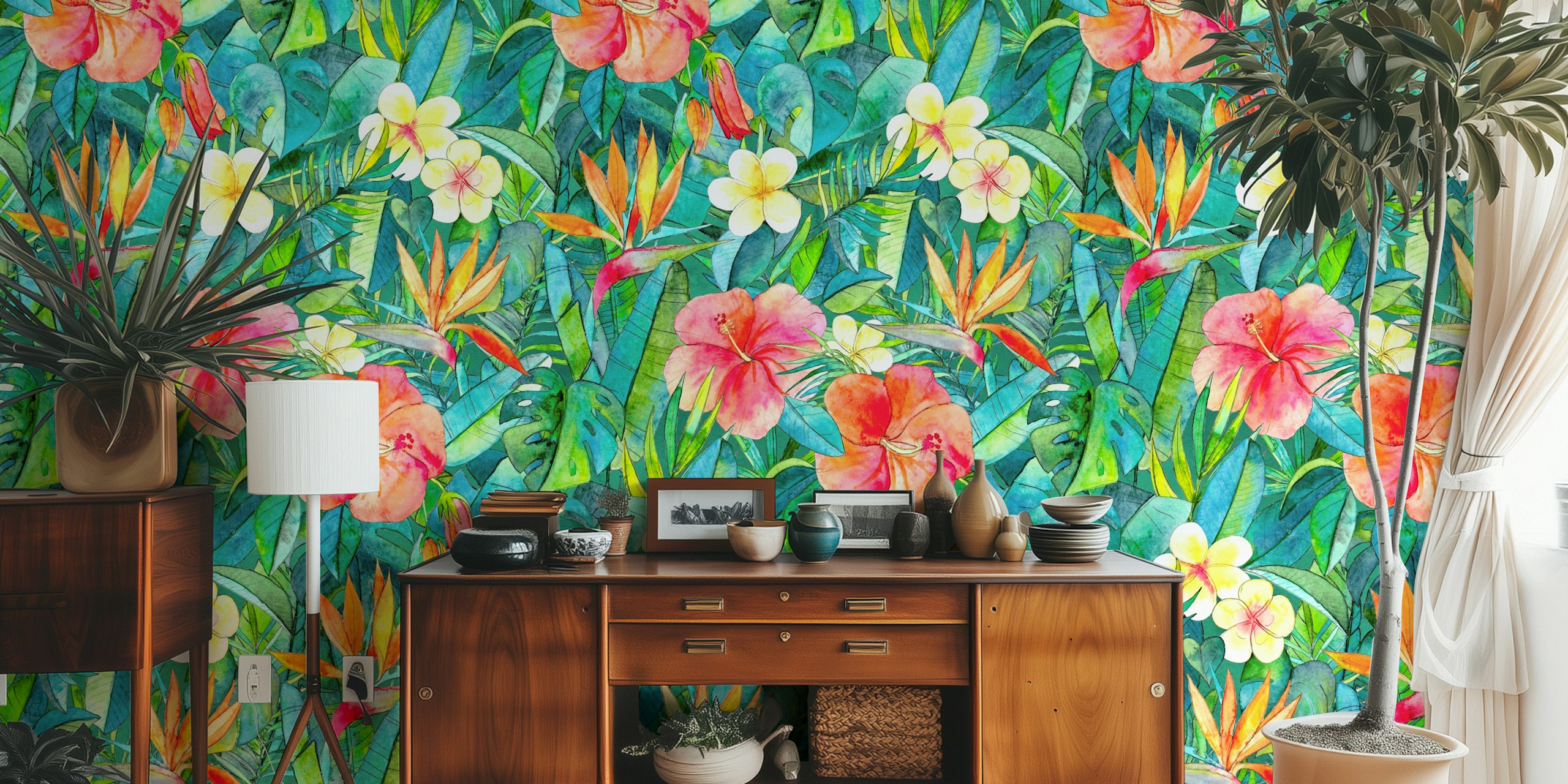 Tropical floral wallpaper featuring hibiscus and greenery in vibrant colors