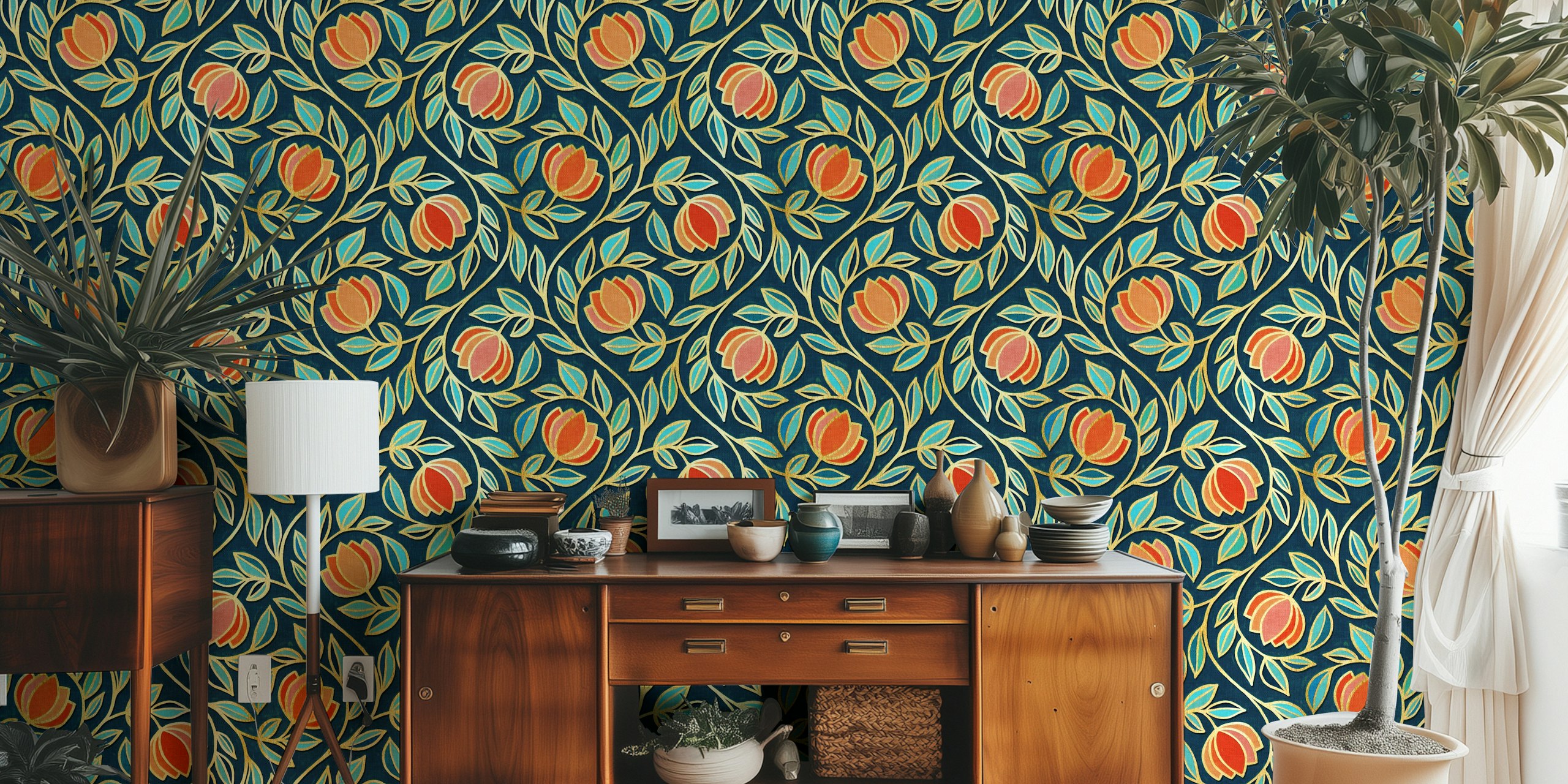 Gilded floral tapestry in coral and navy blue