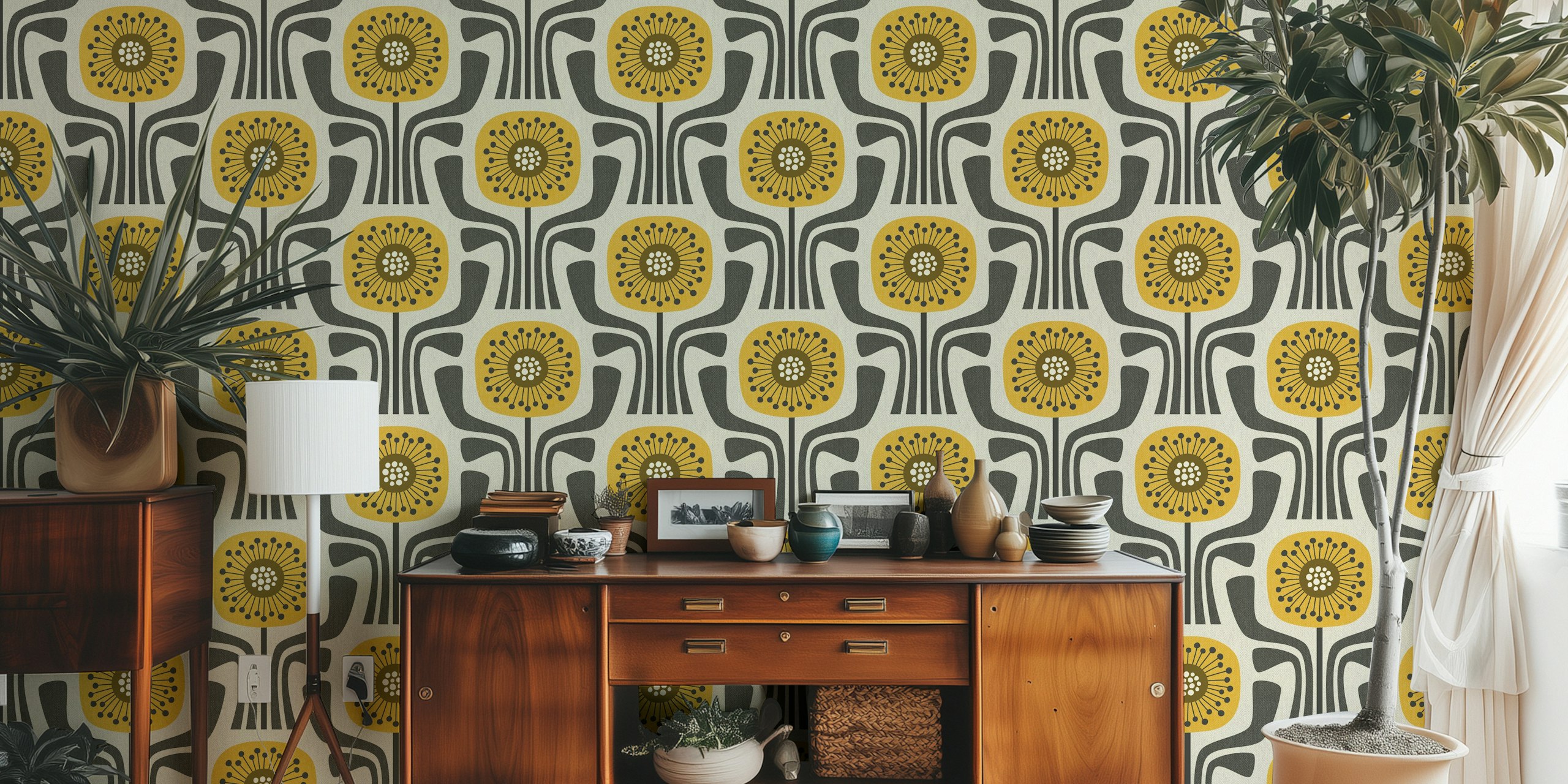 Retro geometric flowers v1 - mustard, brown in einem Raum