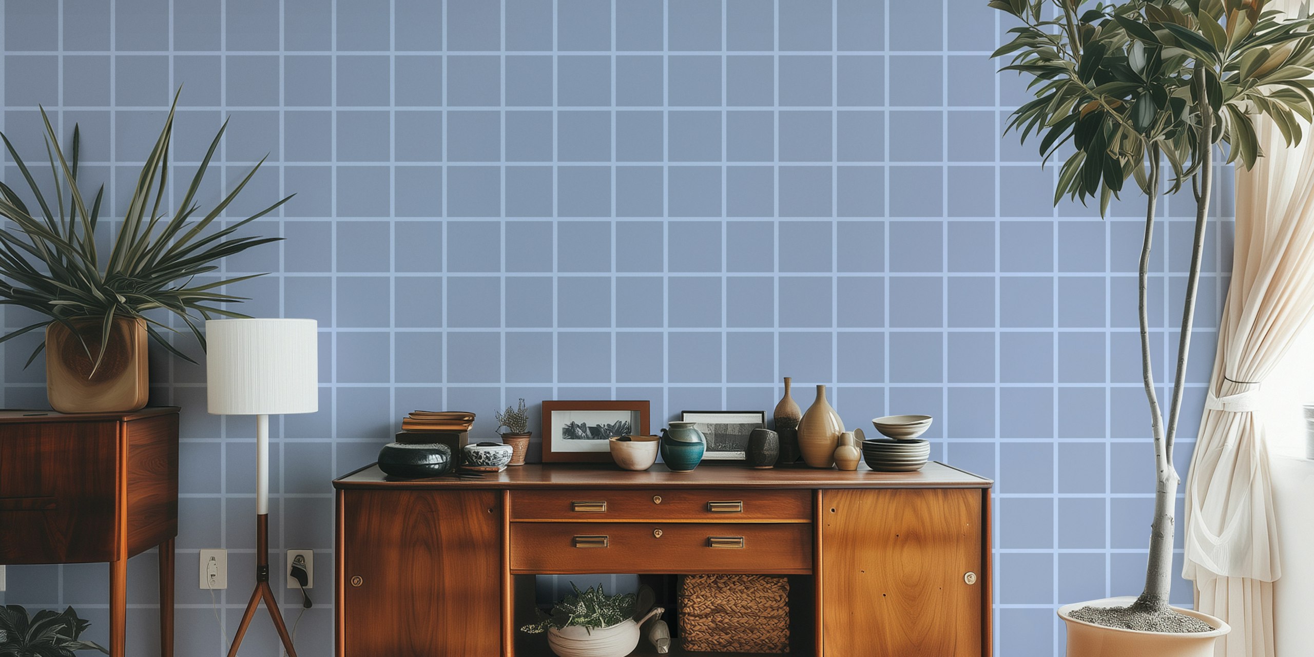 Cool Blue Grid wallpaper in een kamer