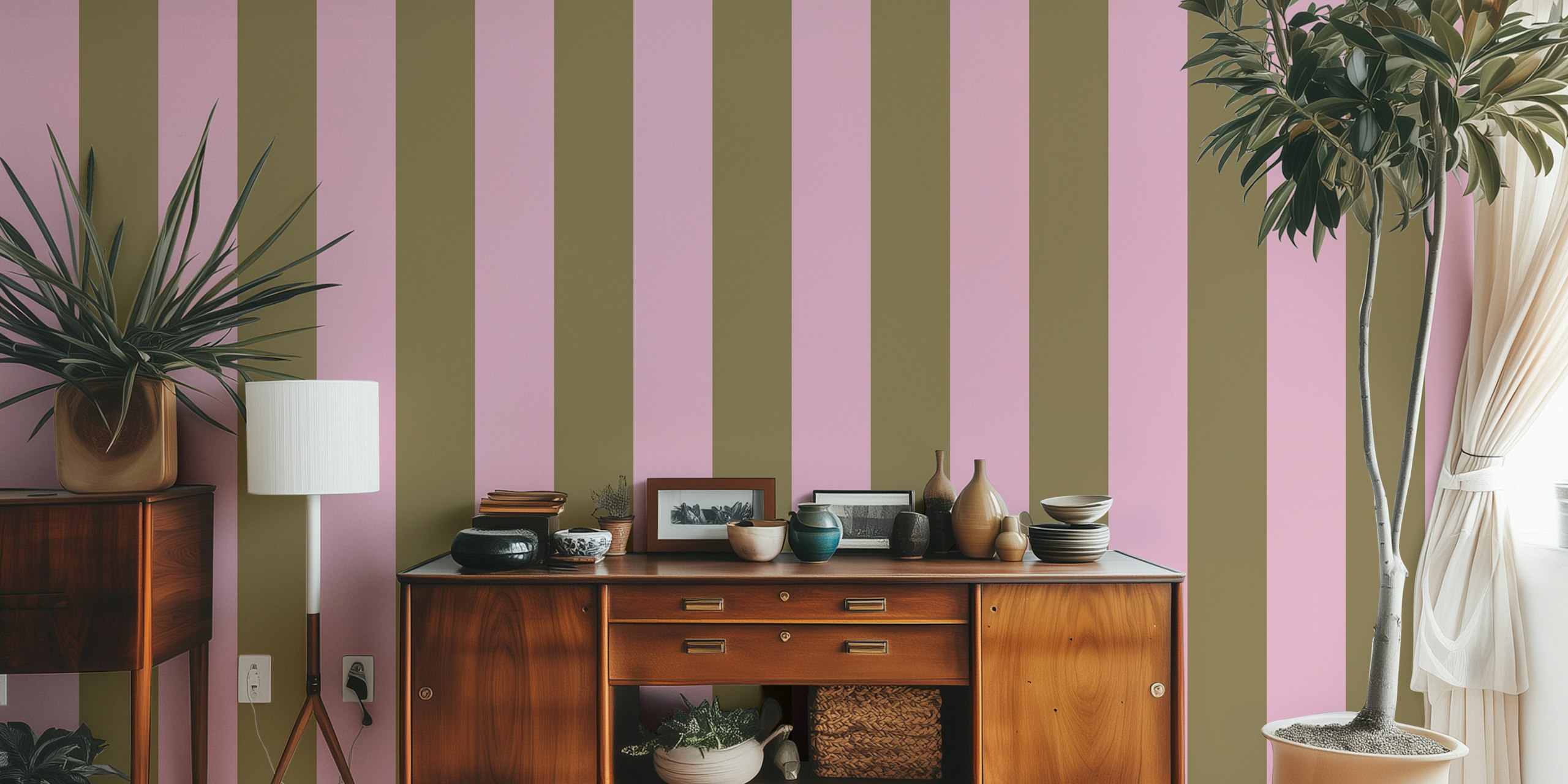 Striped wallpaper in pastel pink and green colors, modern design