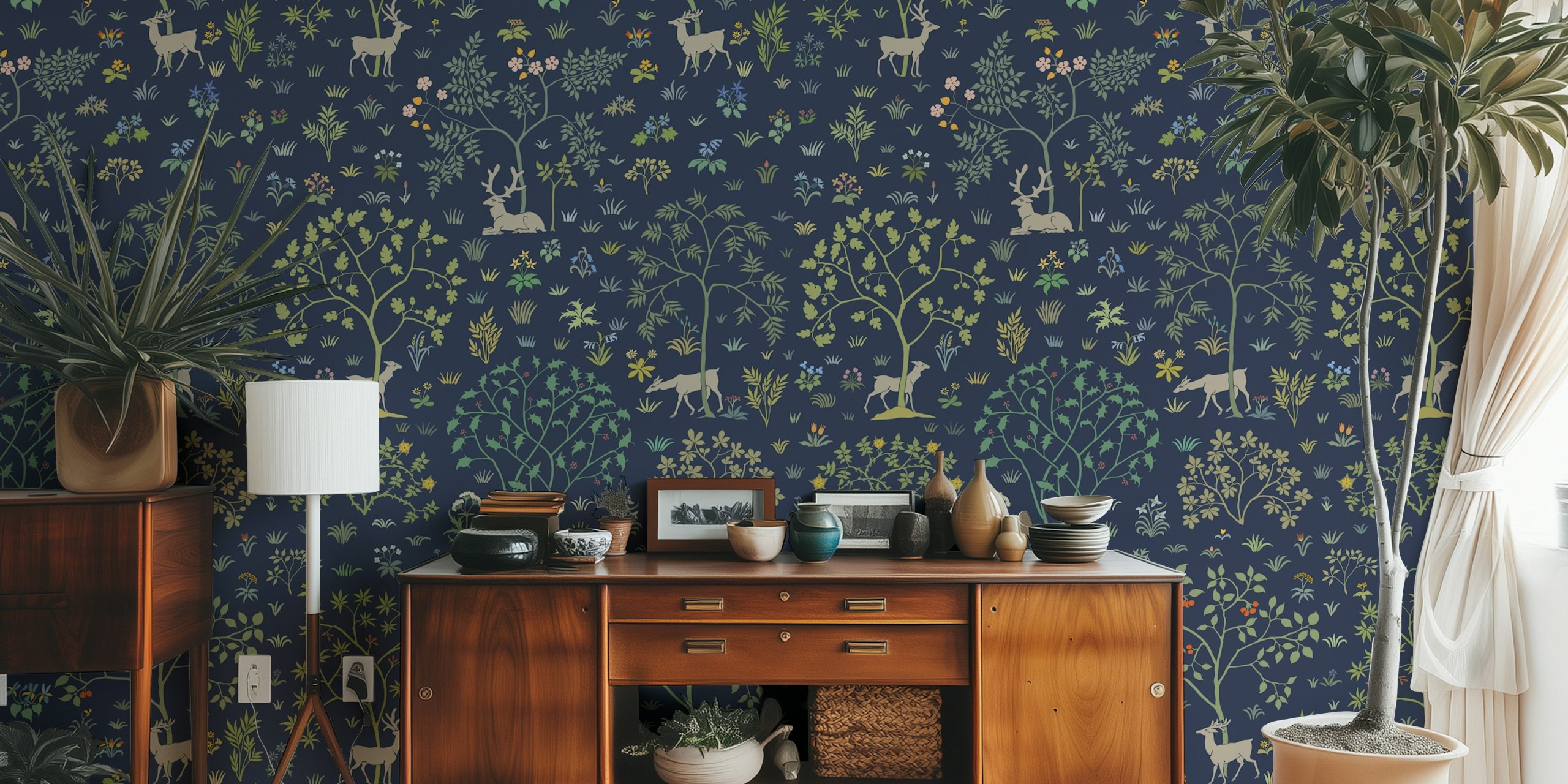 Vintage meadow wallpaper featuring deer on navy