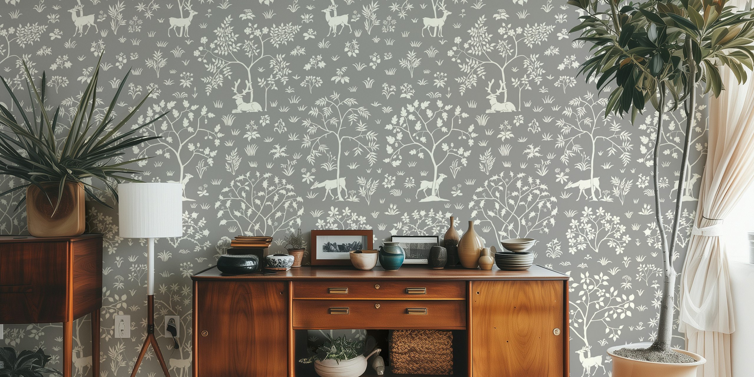 Vintage meadow wallpaper with deer on grey