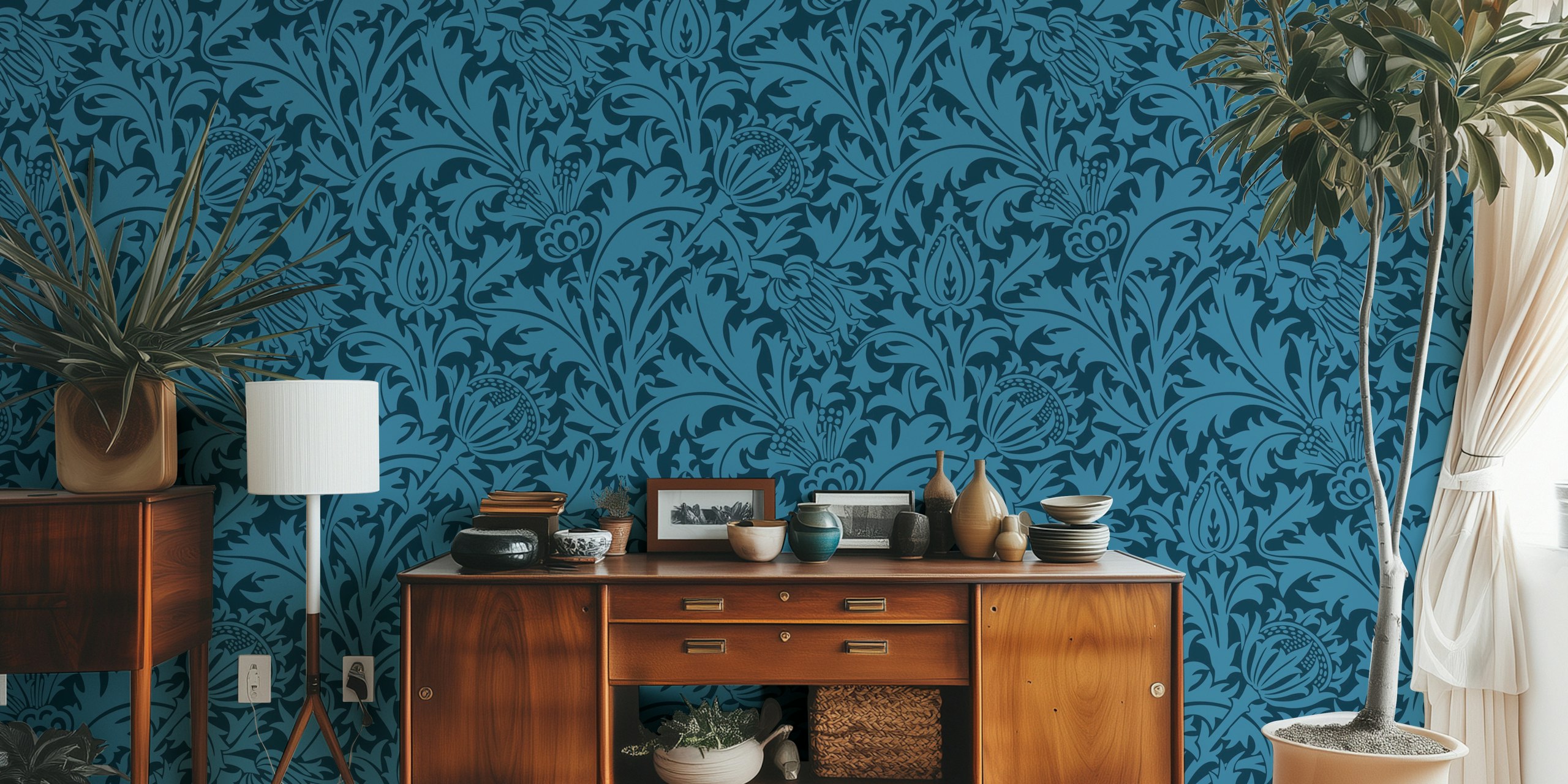 Botanical floral pattern in blue on dark background wallpaper