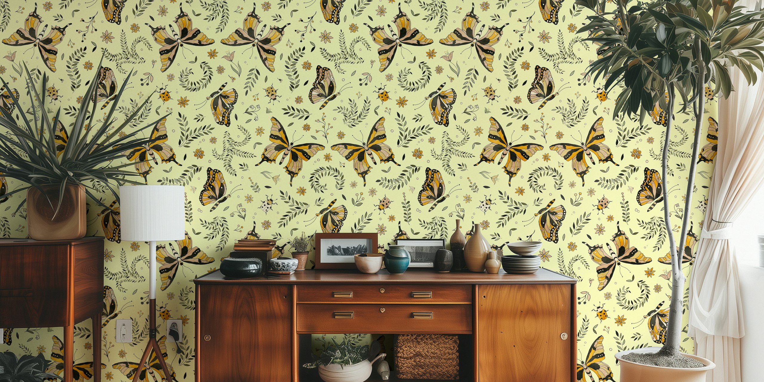 Butterfly floral pattern in yellow tones wallpaper