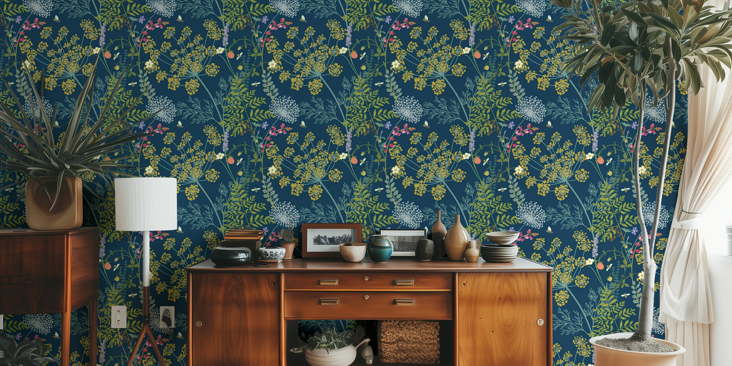 Wild Herbs Blue Tapete in einer Raumgestaltung