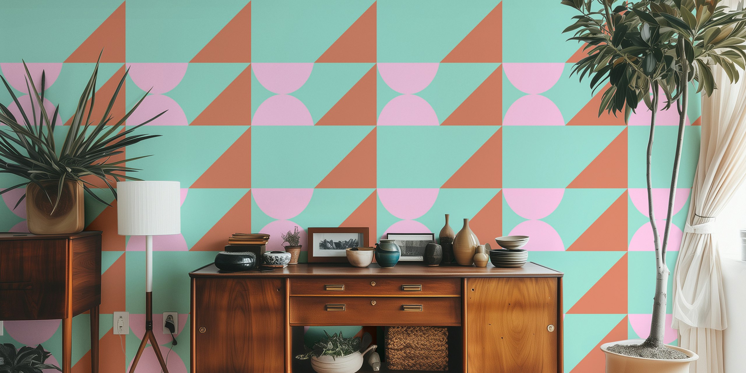 Mint pastel geometric shapes wallpaper in a room