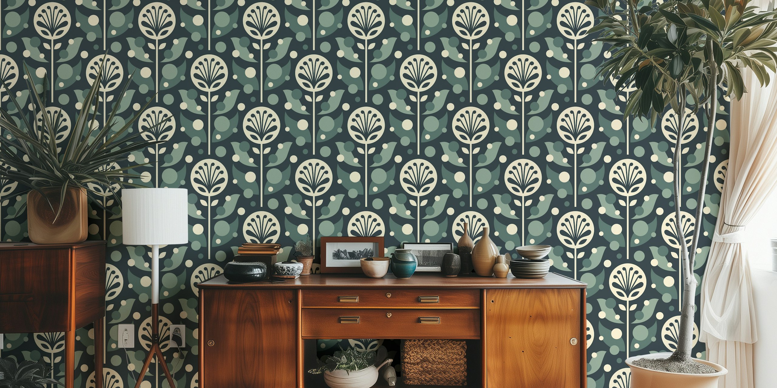 Sage green and cream floral pattern wallpaper with circles and abstract plants