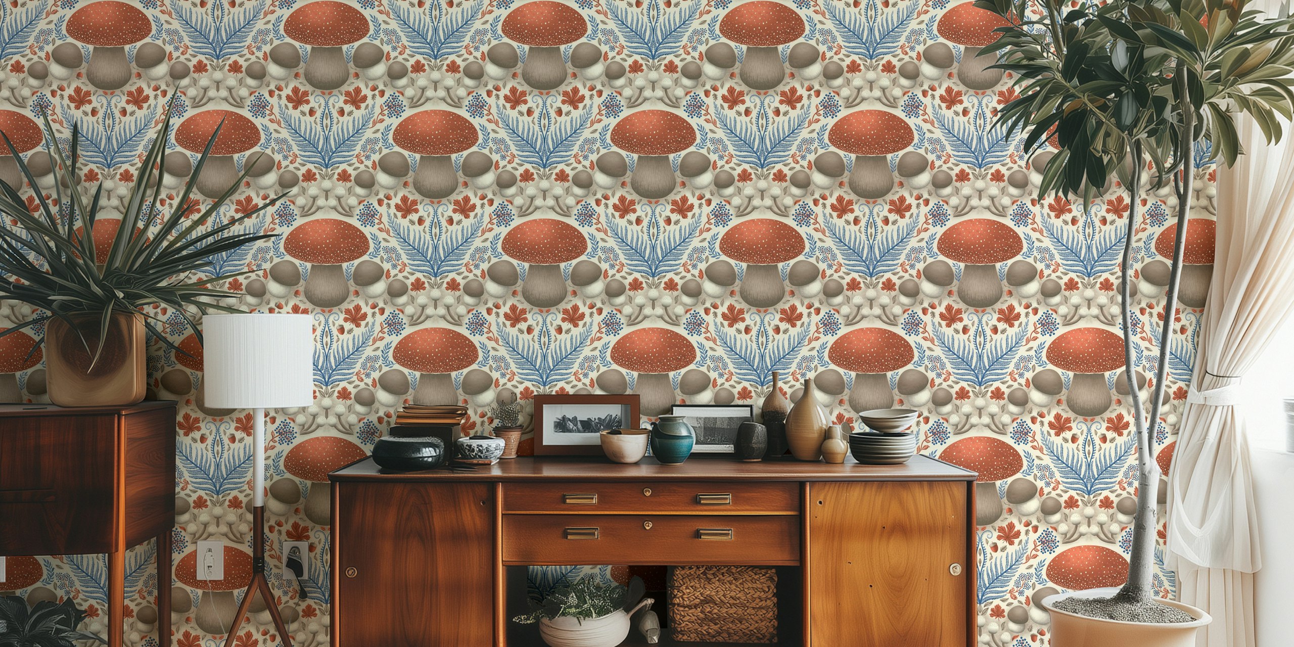 Mushroom and foliage pattern in brown, blue, and cream wallpaper