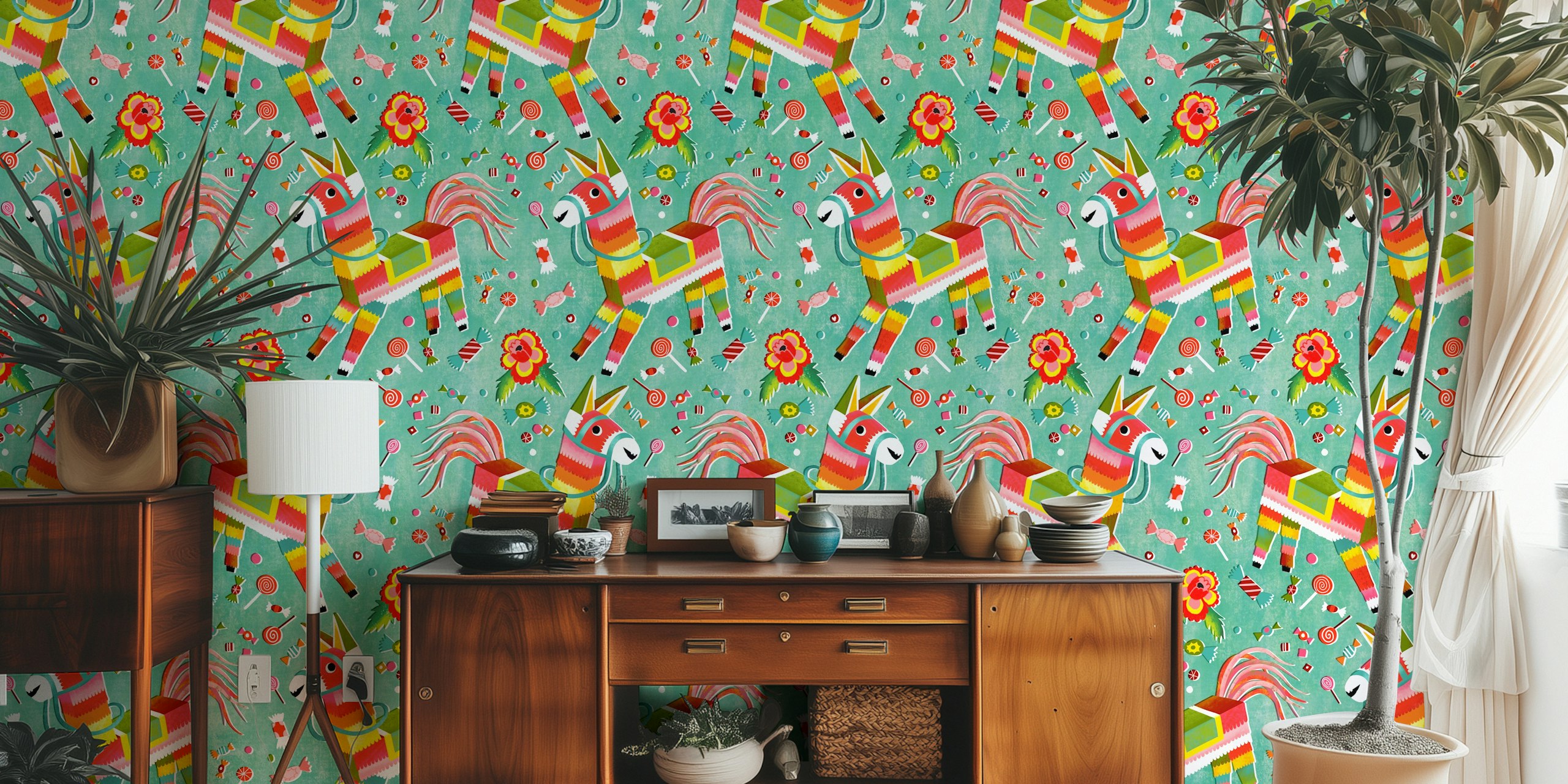 Colorful pinata horse sweets wallpaper in a room