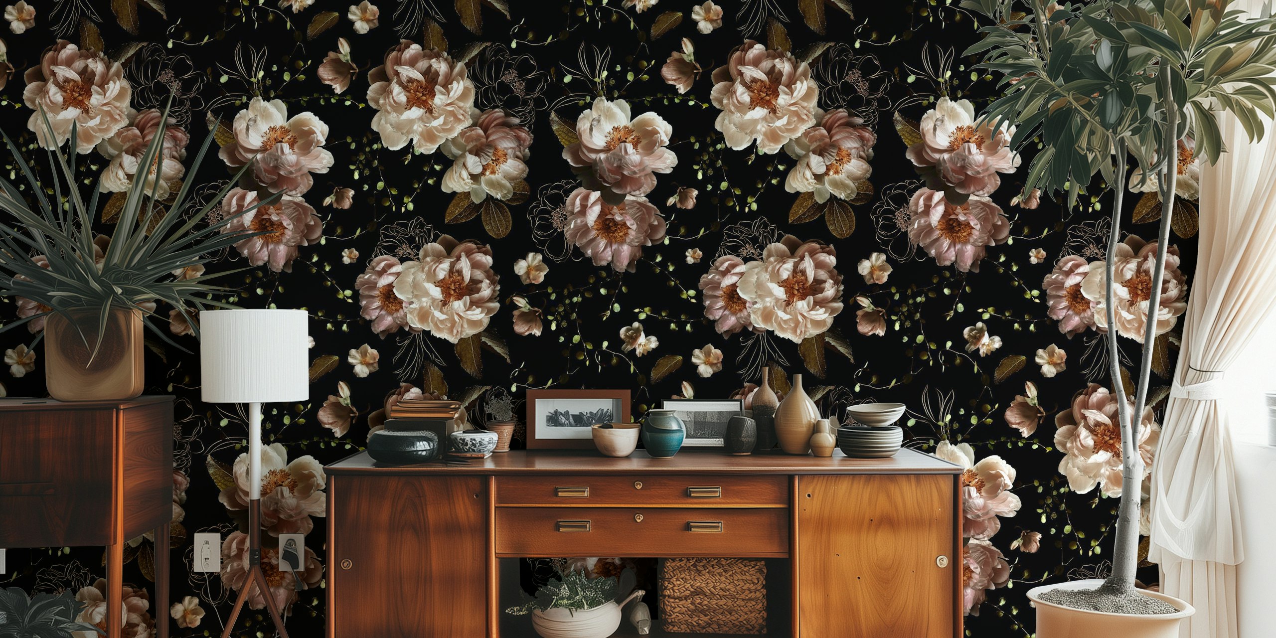 Floral design with pink flowers and greenery on a black background wallpaper