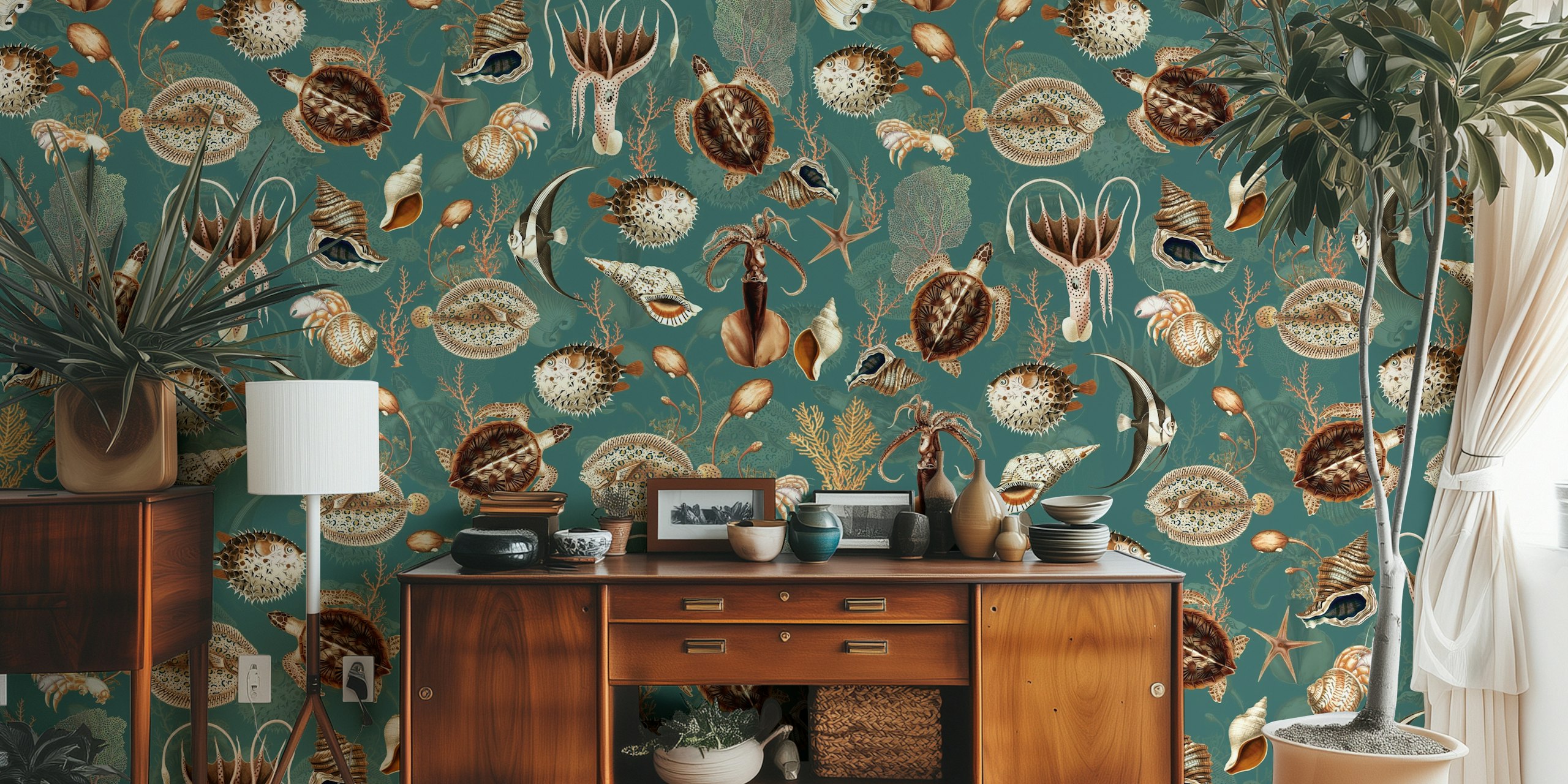 Marine life and seashells on turquoise background wallpaper