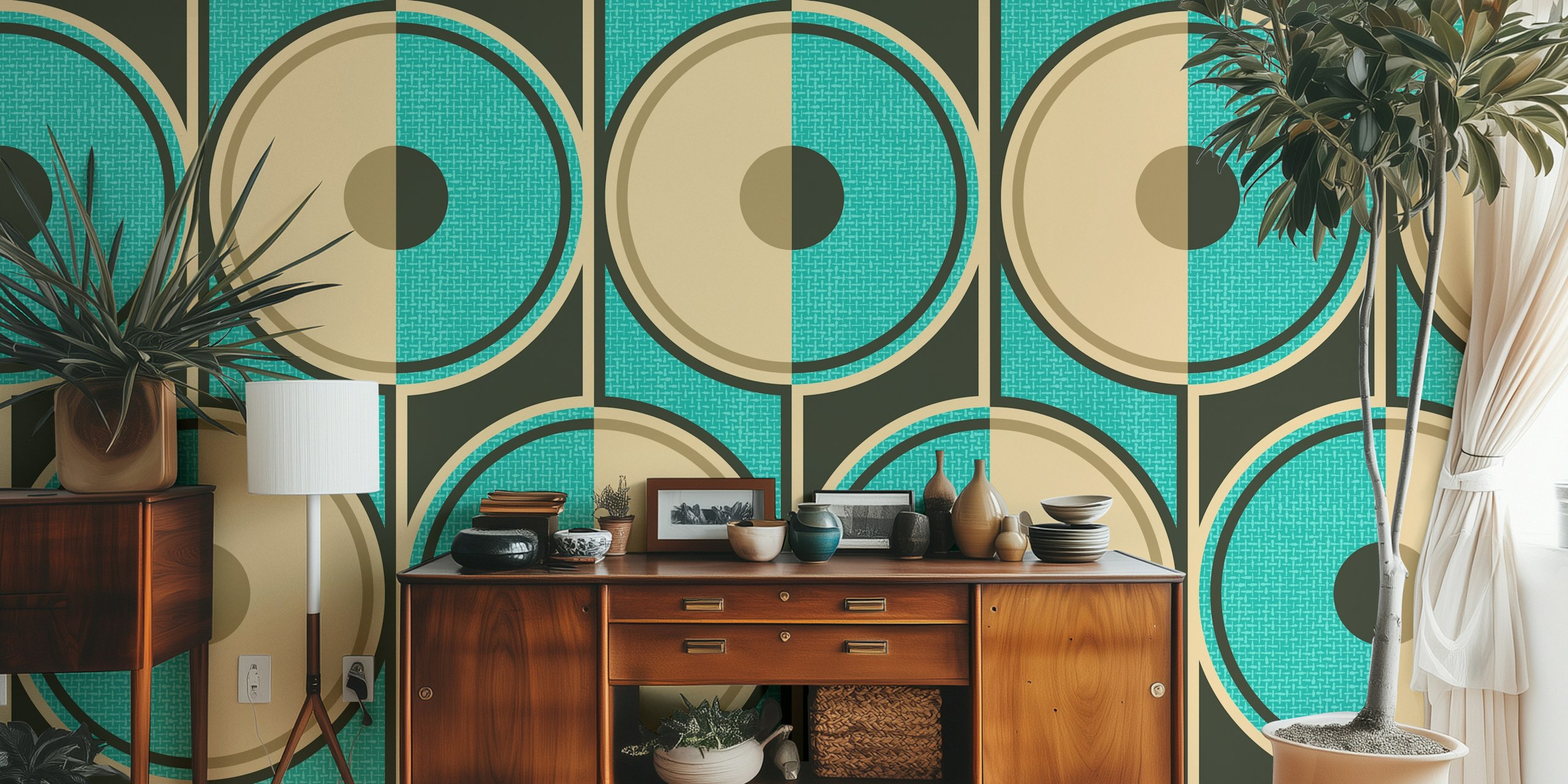 Papel de parede Retro Circles teal em um quarto