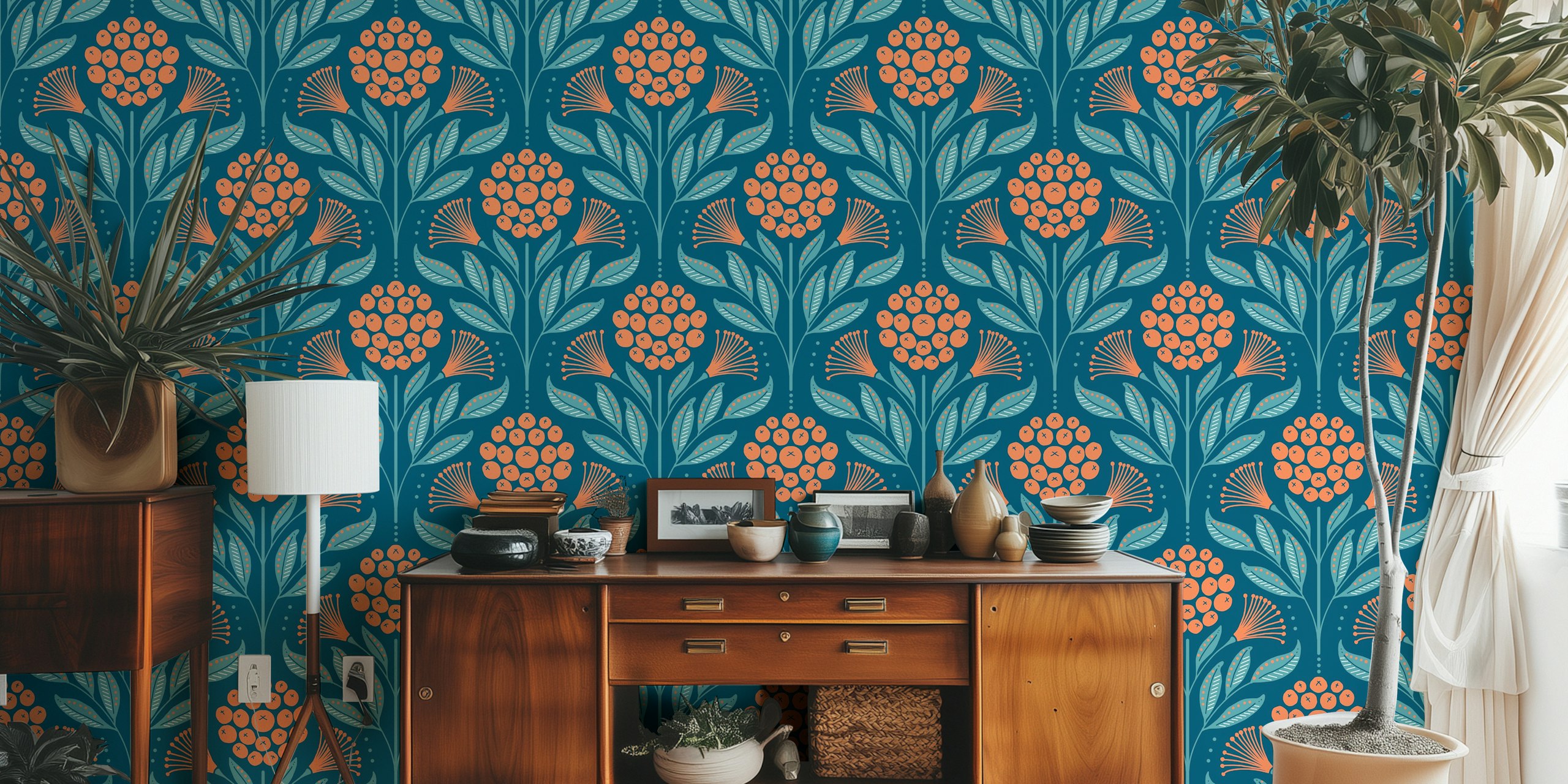 Vibrant floral pattern with teal leaves and coral flowers wallpaper