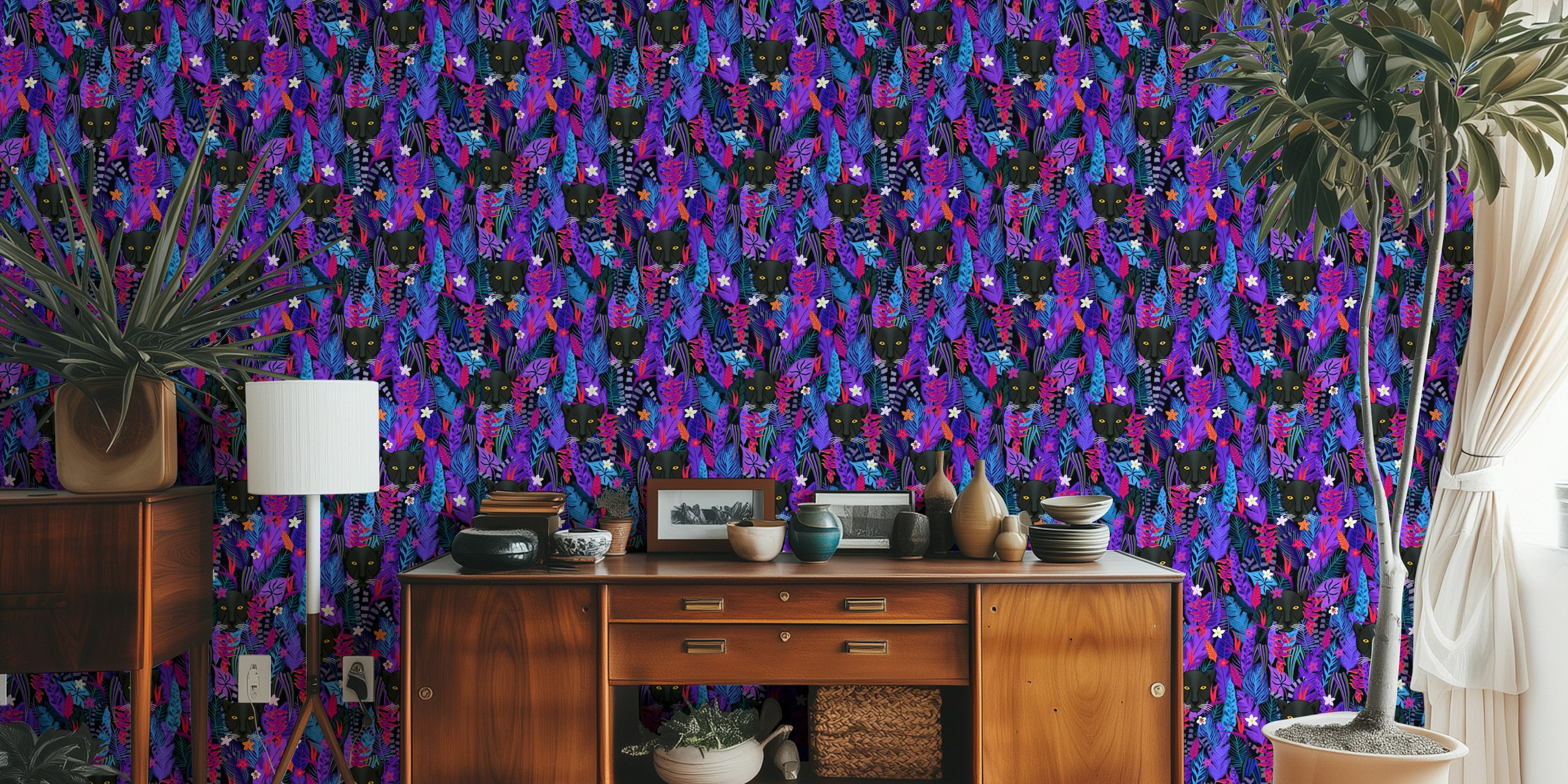 Black panther and colorful tropical jungle foliage wallpaper