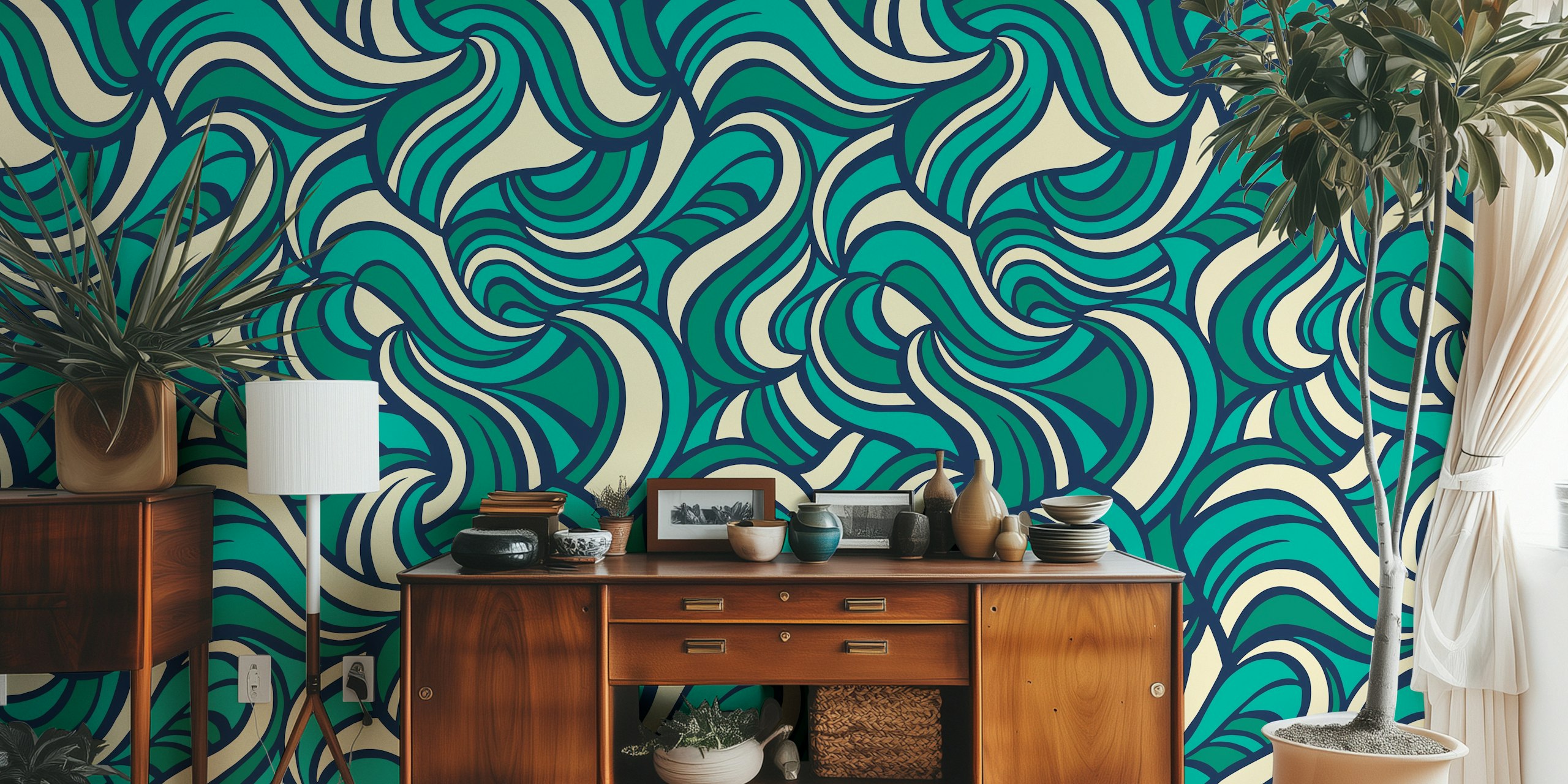 Papel de parede Crescent Waves NavyTeal em um quarto