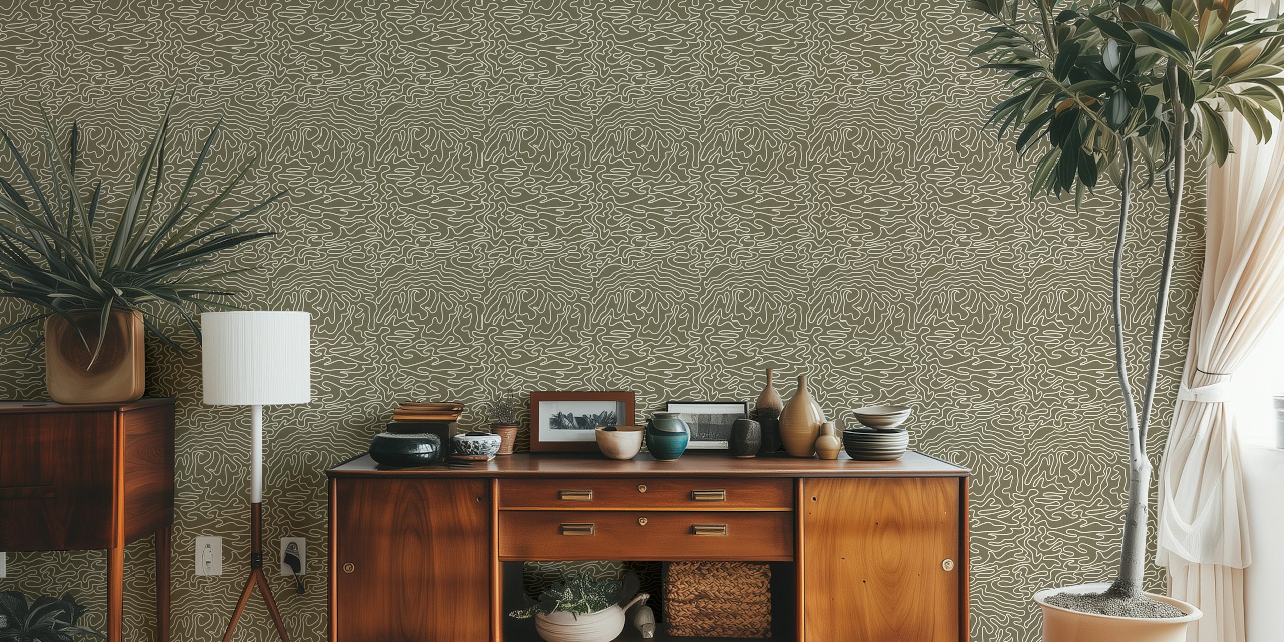 Serene Ripples in olive green wallpaper in a room