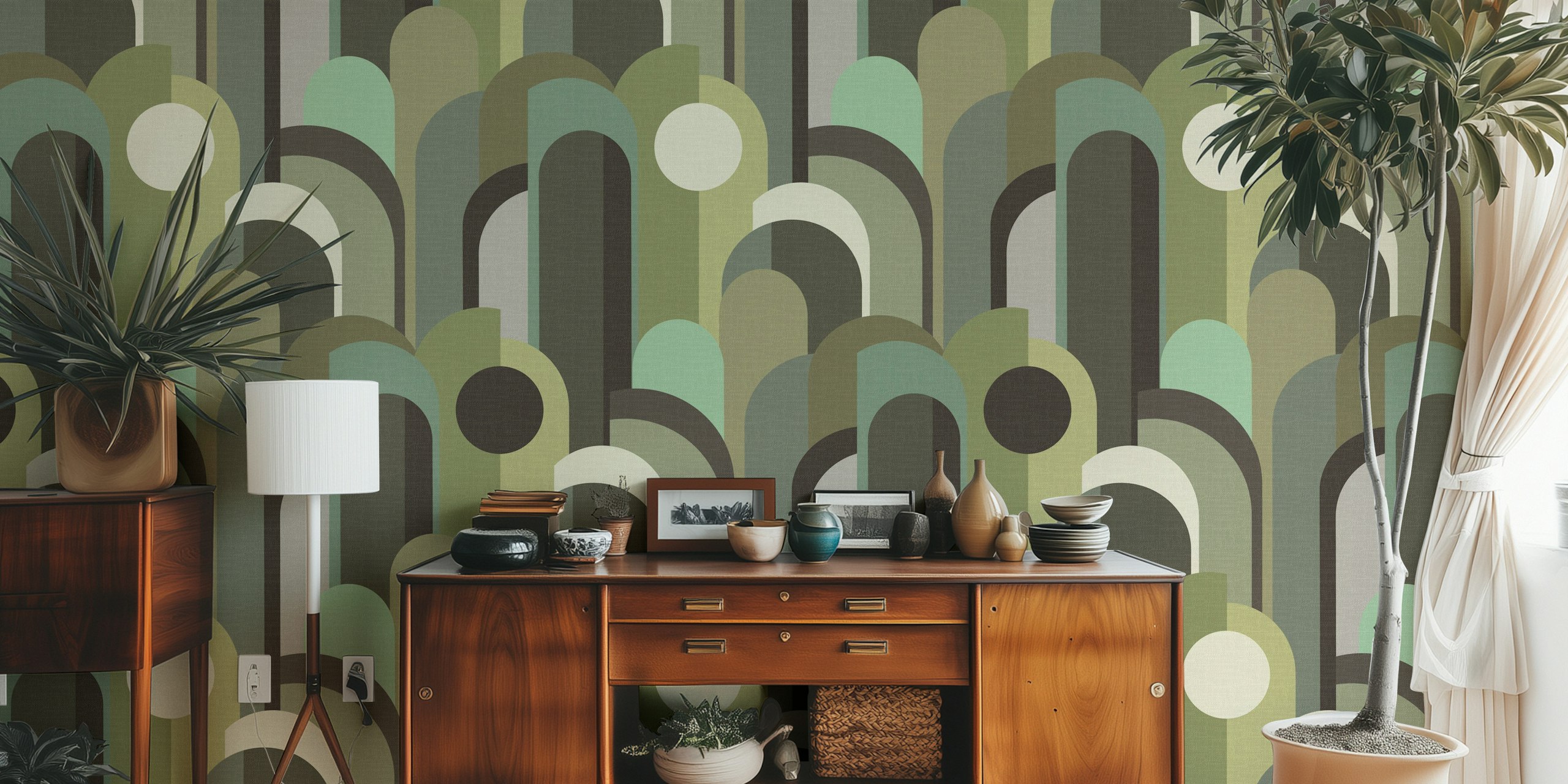 Abstract Geo Pattern Green Brown ταπετσαρία στο δωμάτιο