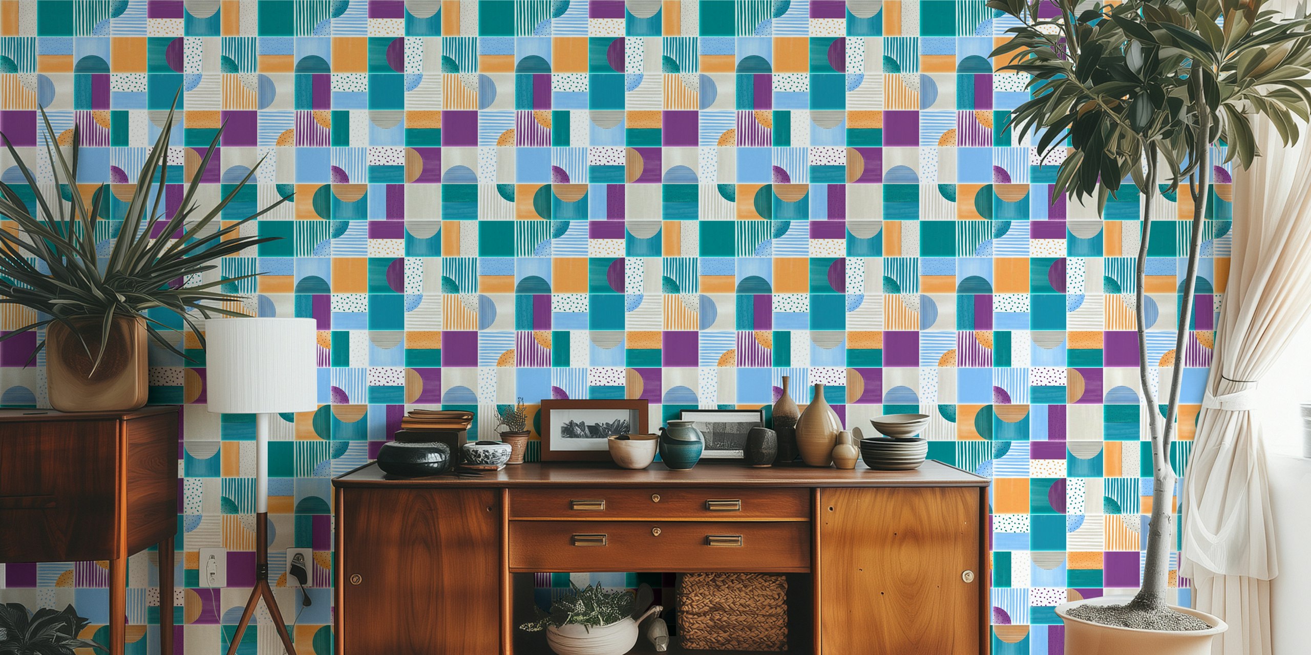 Farverig moderne Painted Modern Tiles Summer Party-tapet i et rum