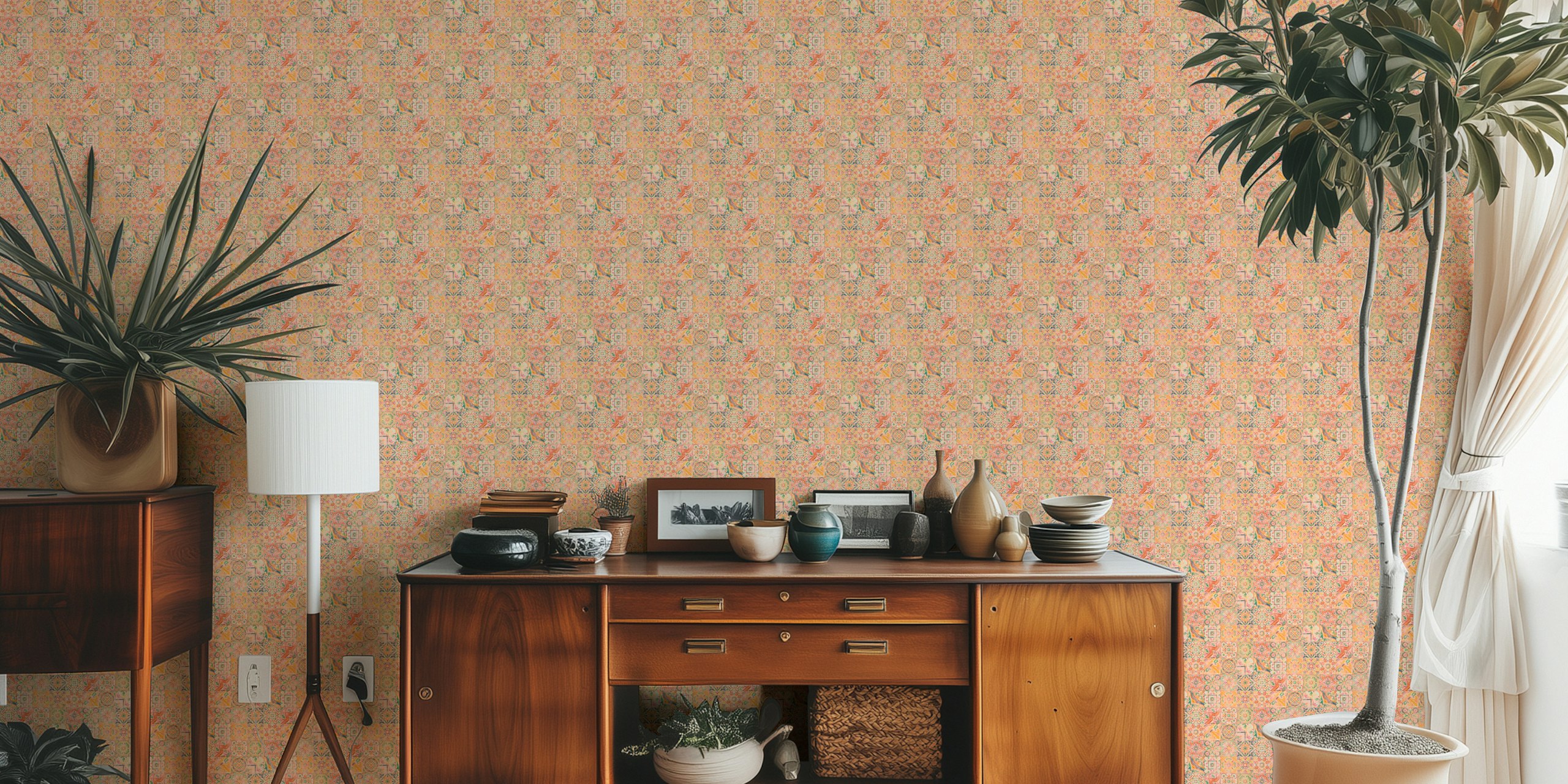 Colorful Spanish vintage tiles wallpaper in a room