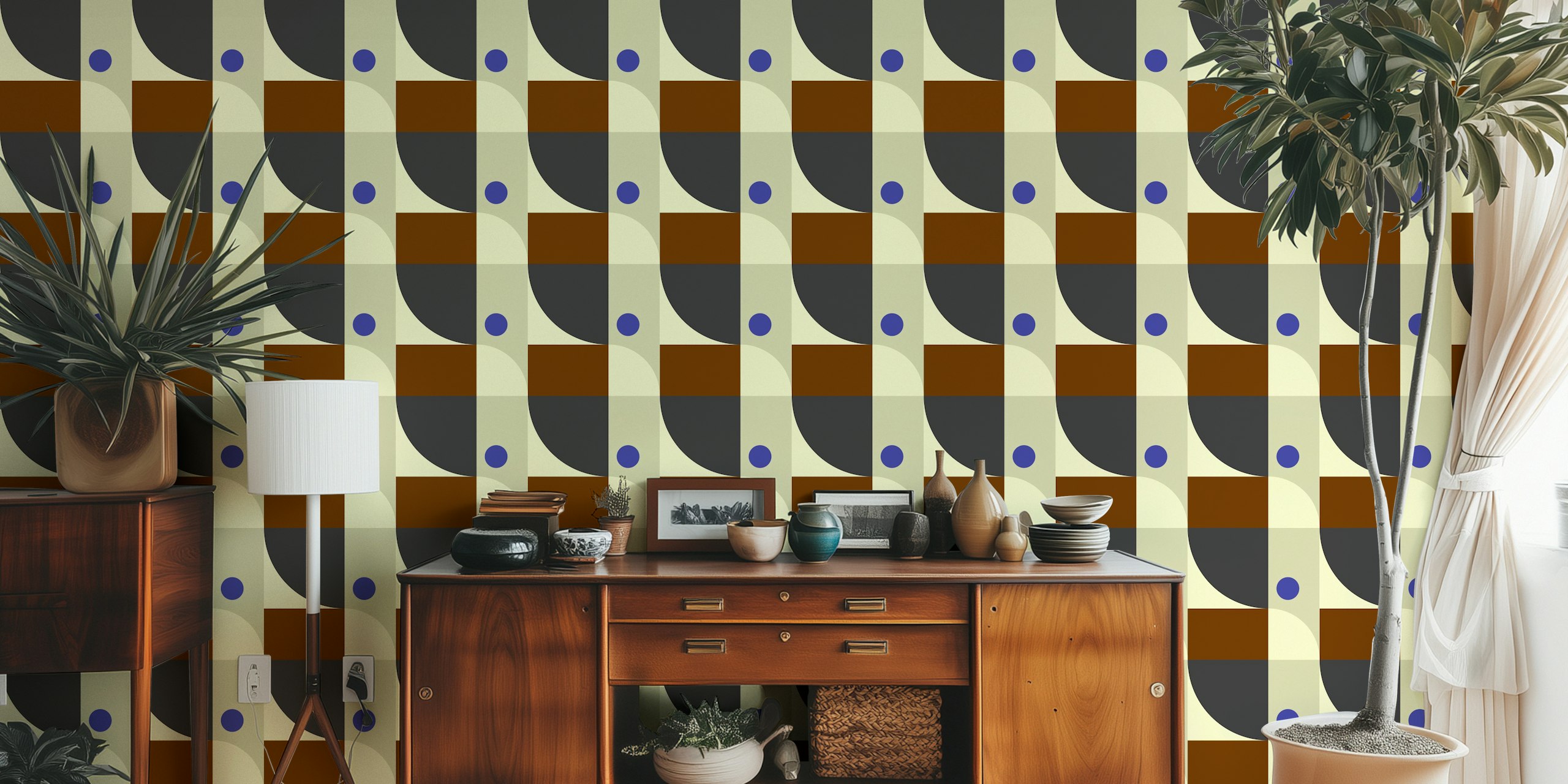 Wandbild mit abstrakten geometrischen Formen in Creme-, Marineblau- und warmen Erdtönen