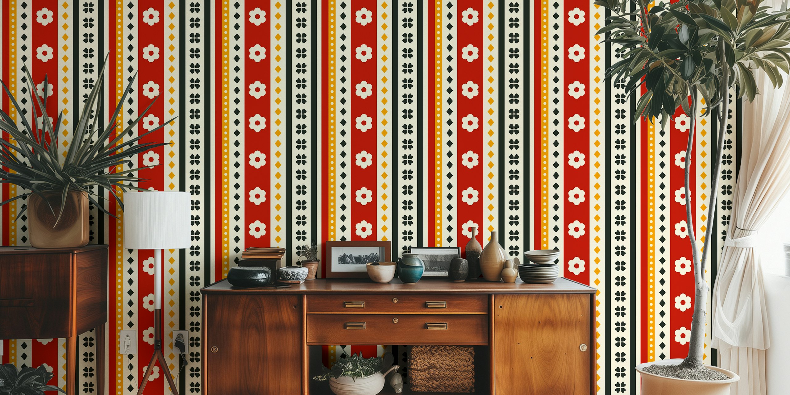 Retro Modern Flower Strips wallpaper design