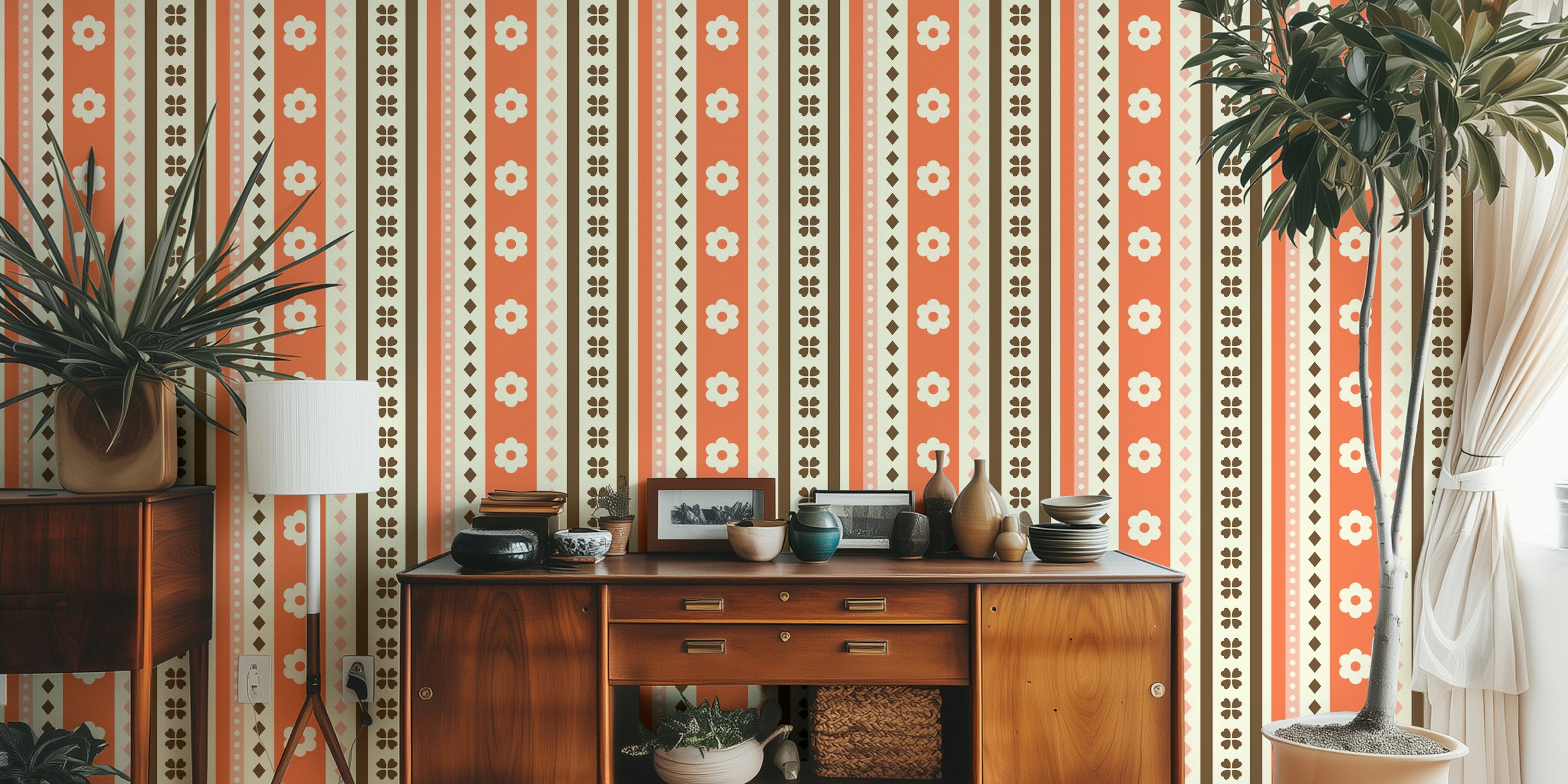 papel pintado Retro Flower Stripe en una habitación