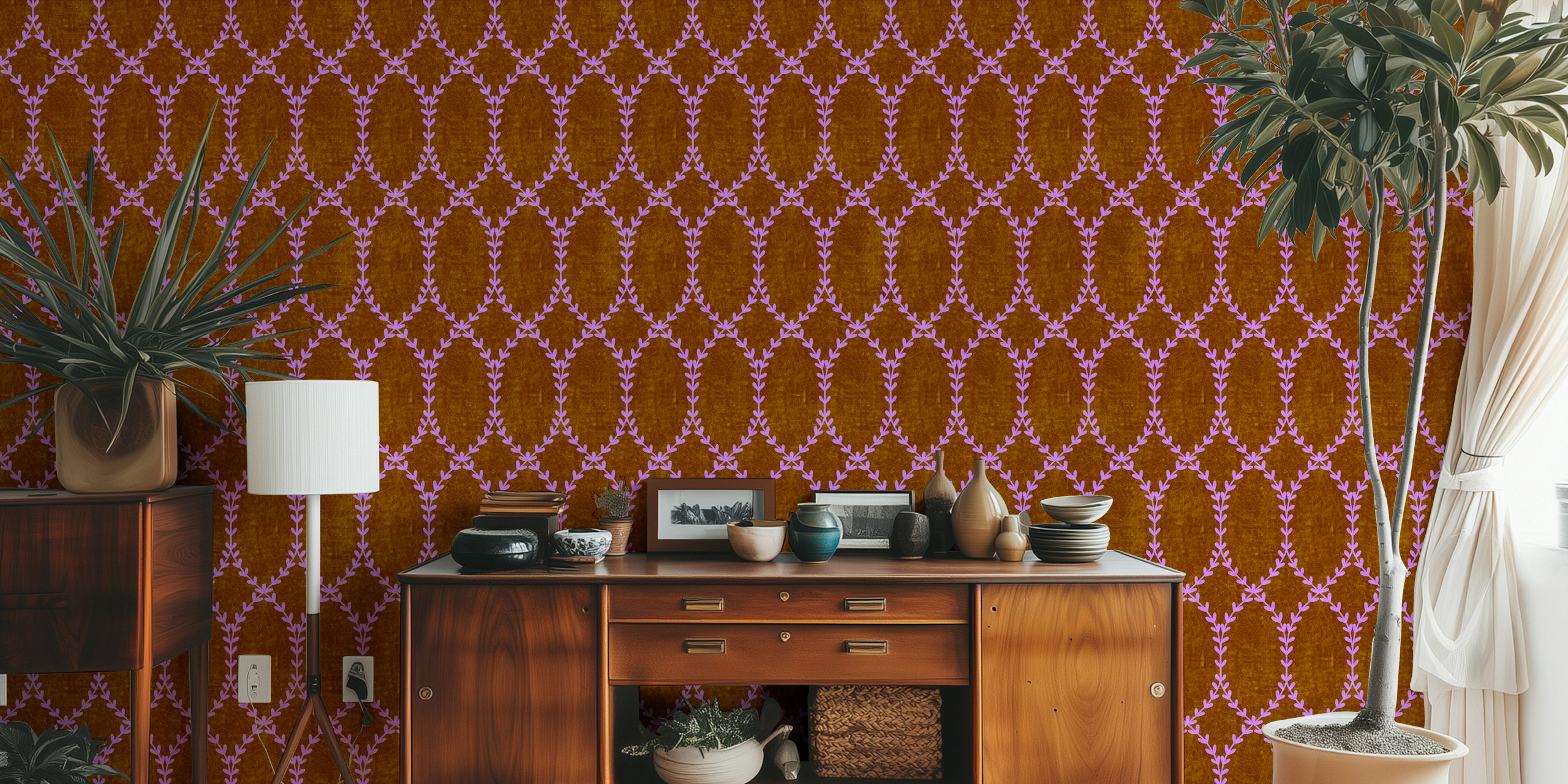 Brown floral pattern with pink leaves wallpaper
