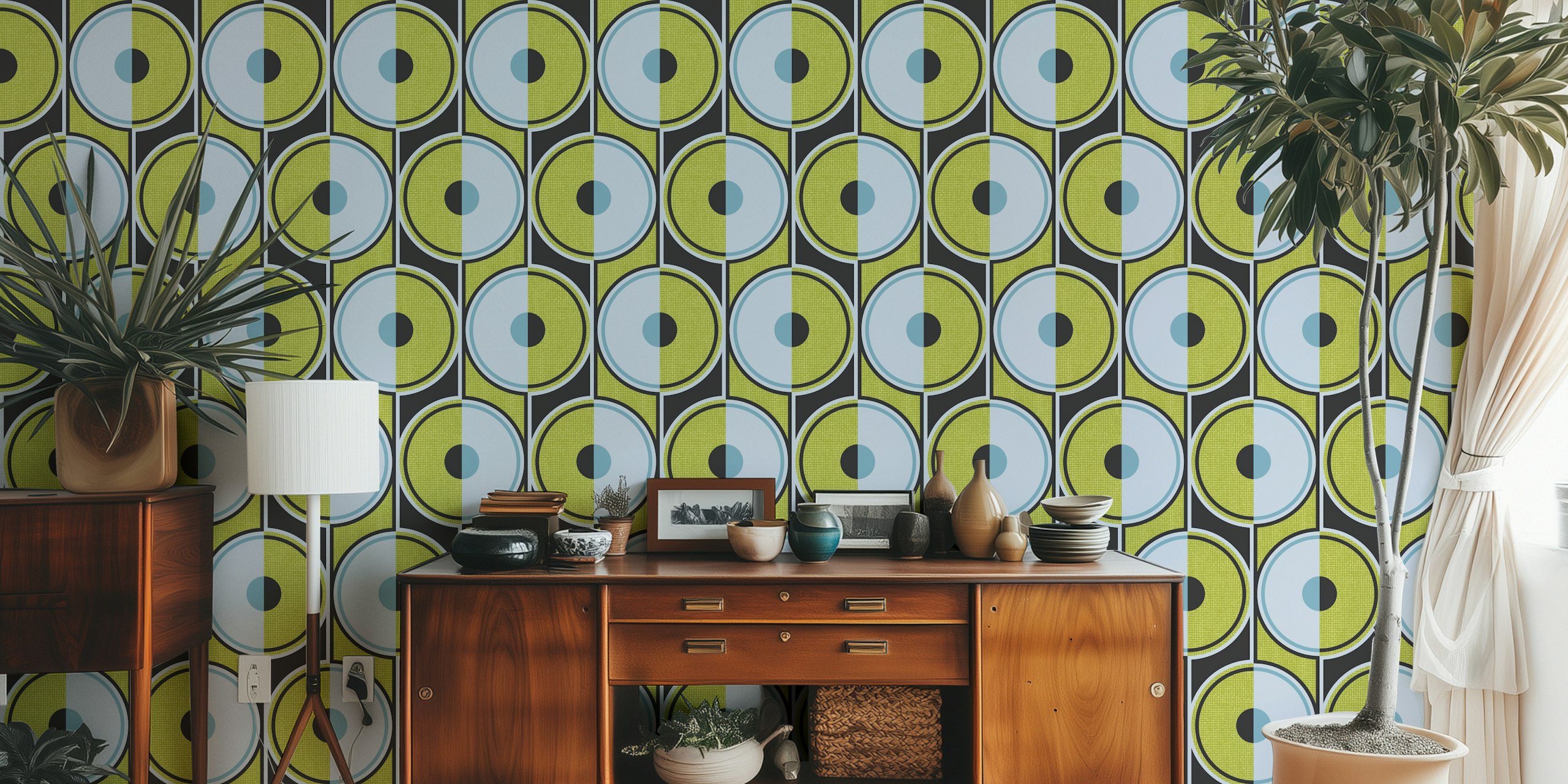 Small retro circles sulphur tapet i ett rum