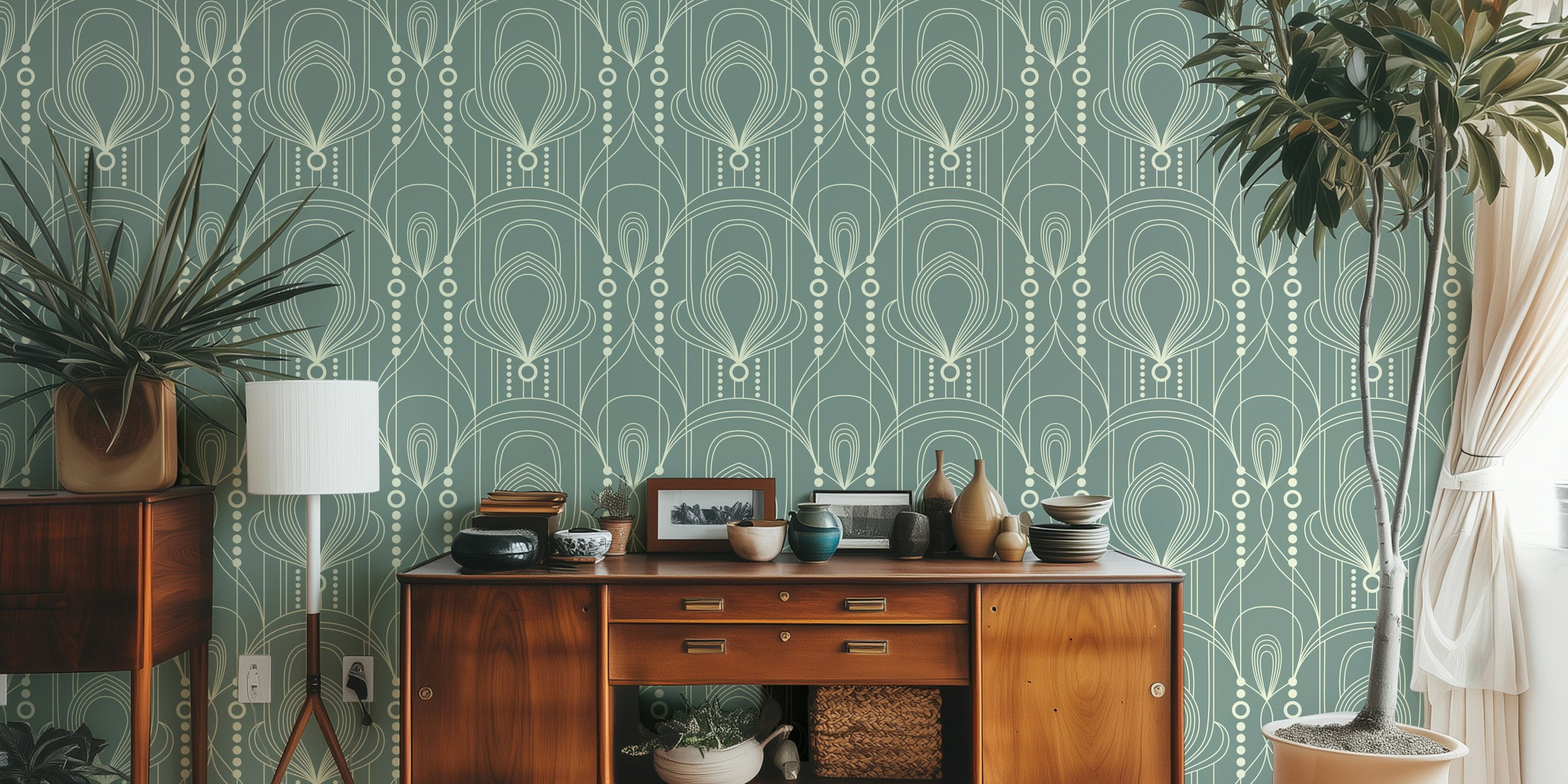 Modern Art Deco Twist Sage Tapete in einem Raum