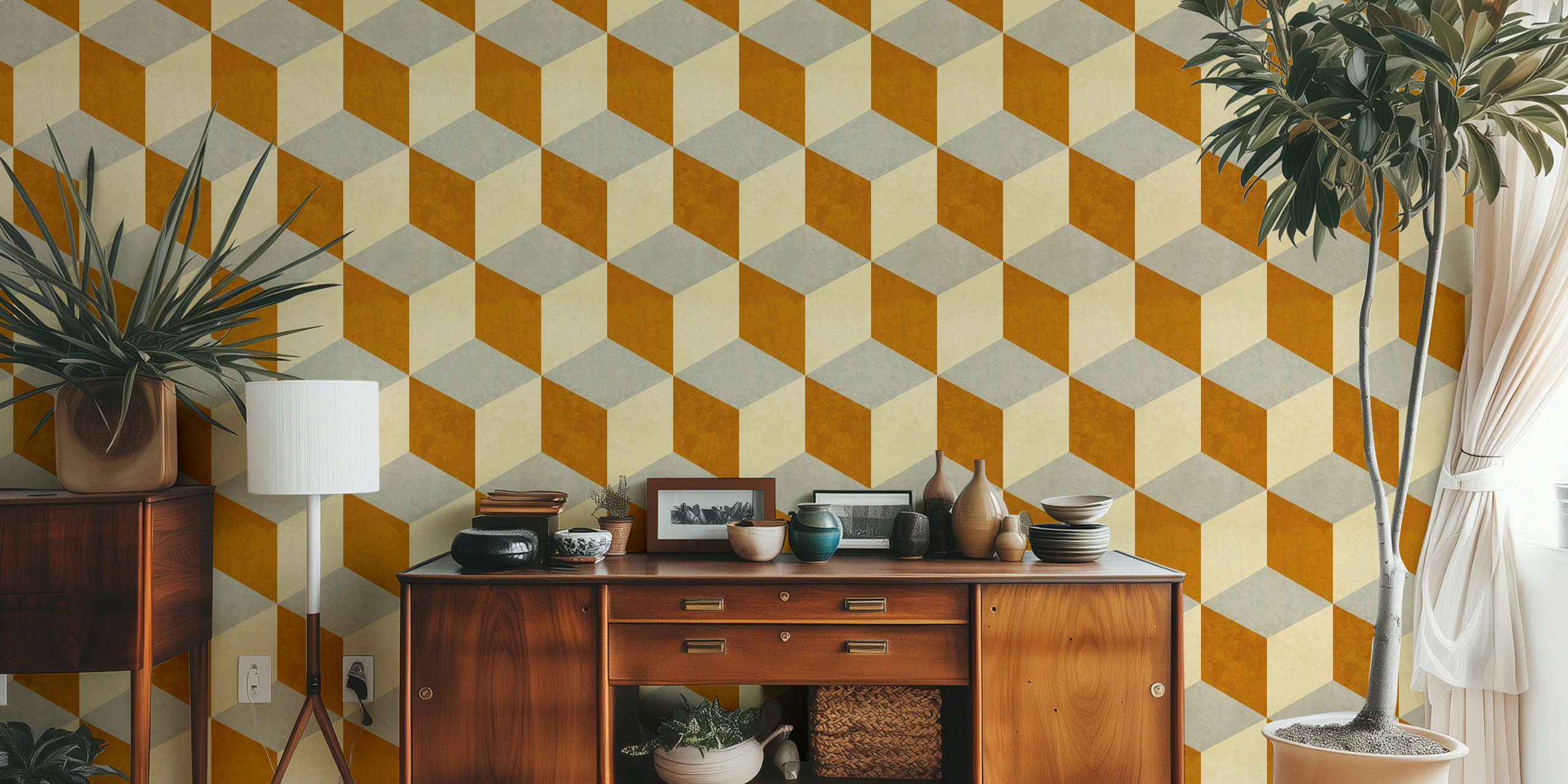 Cubes Gold Vintage Boho Retro Tiles wallpaper design