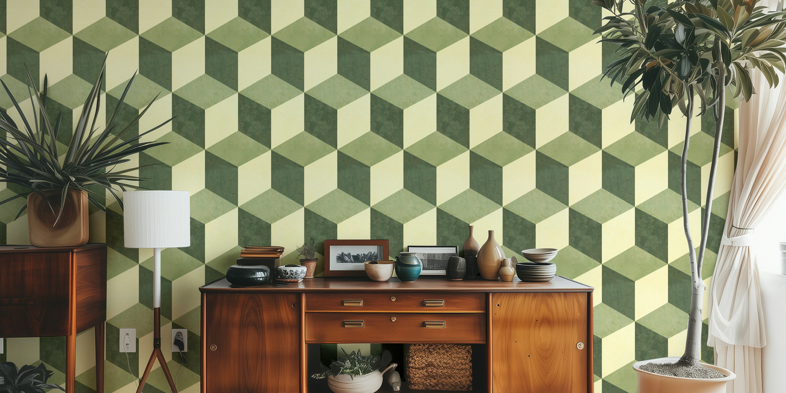 Geometric sage green and cream wallpaper in a vintage boho style