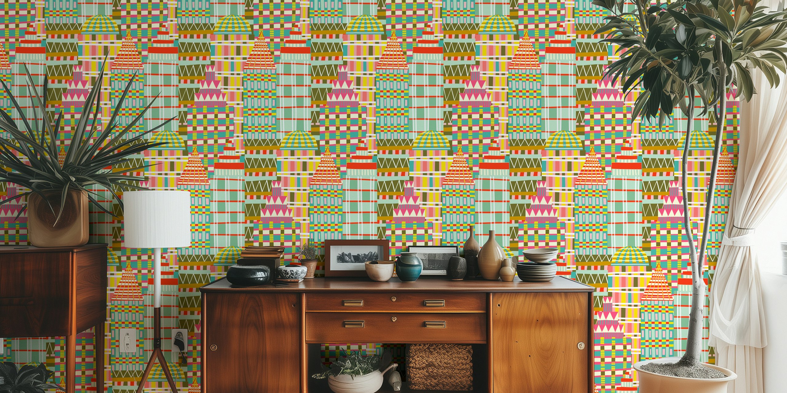 Colorful skyscrapers wallpaper in een kamer