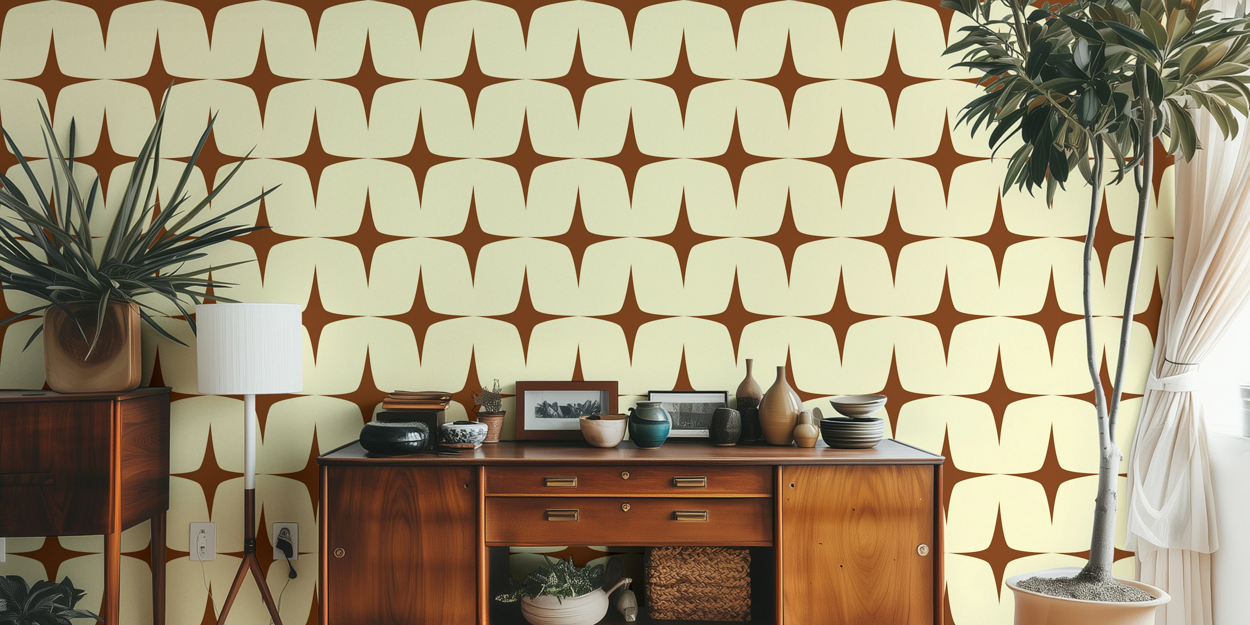 Mid century geometric starburst pattern in burnt umber and ivory wallpaper