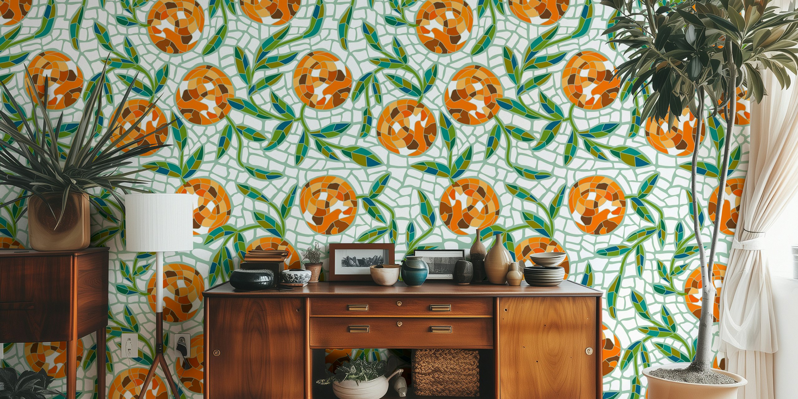 Orangery Mosaic Oranges carta da parati decorativa in una stanza