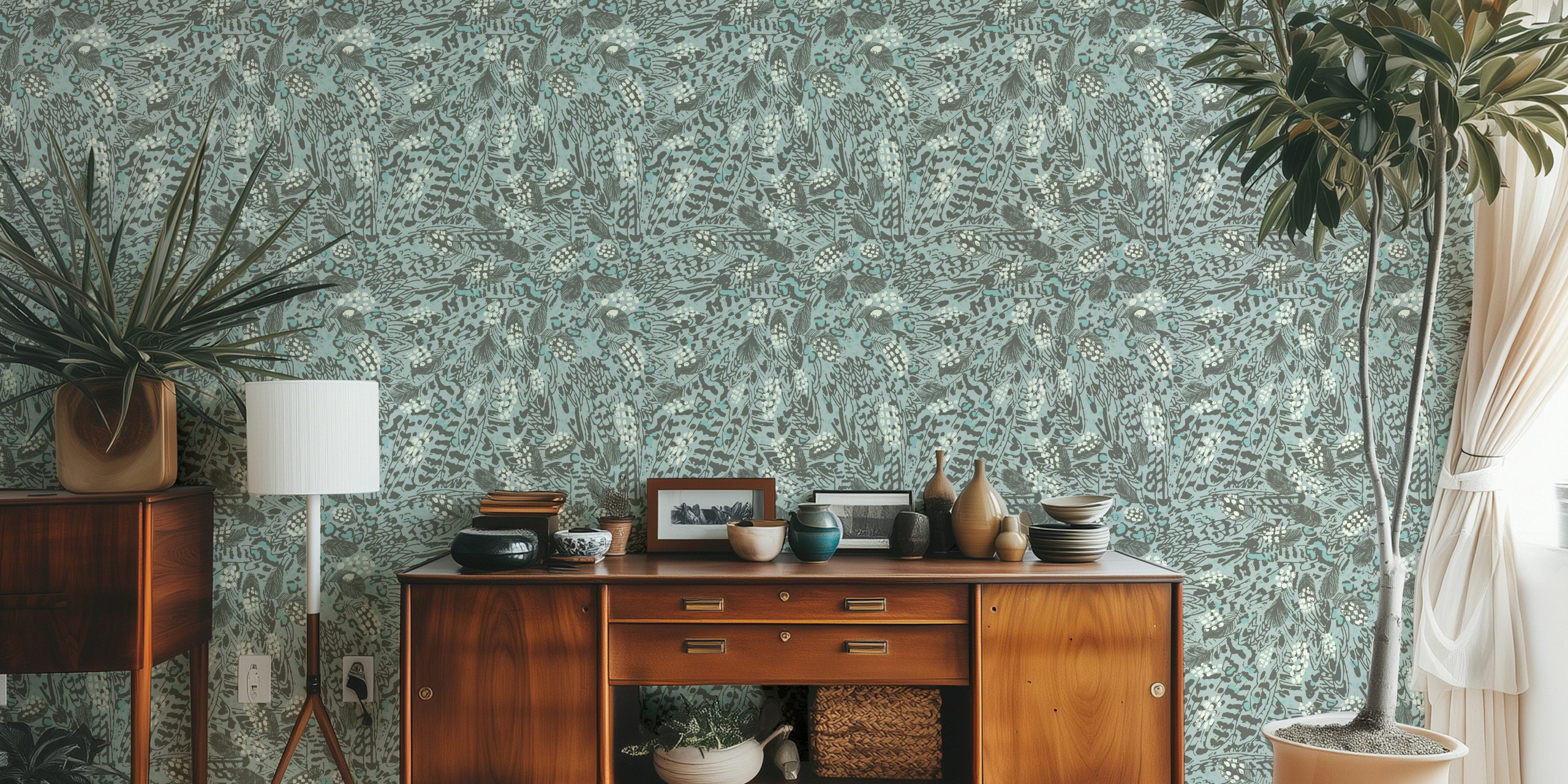 Neutral blue animal print wallpaper featuring abstract patterns.