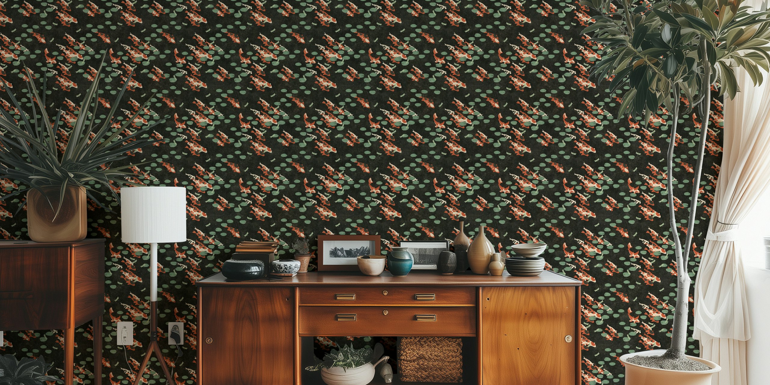 Koi fish and dragonflies on a black and green background wallpaper