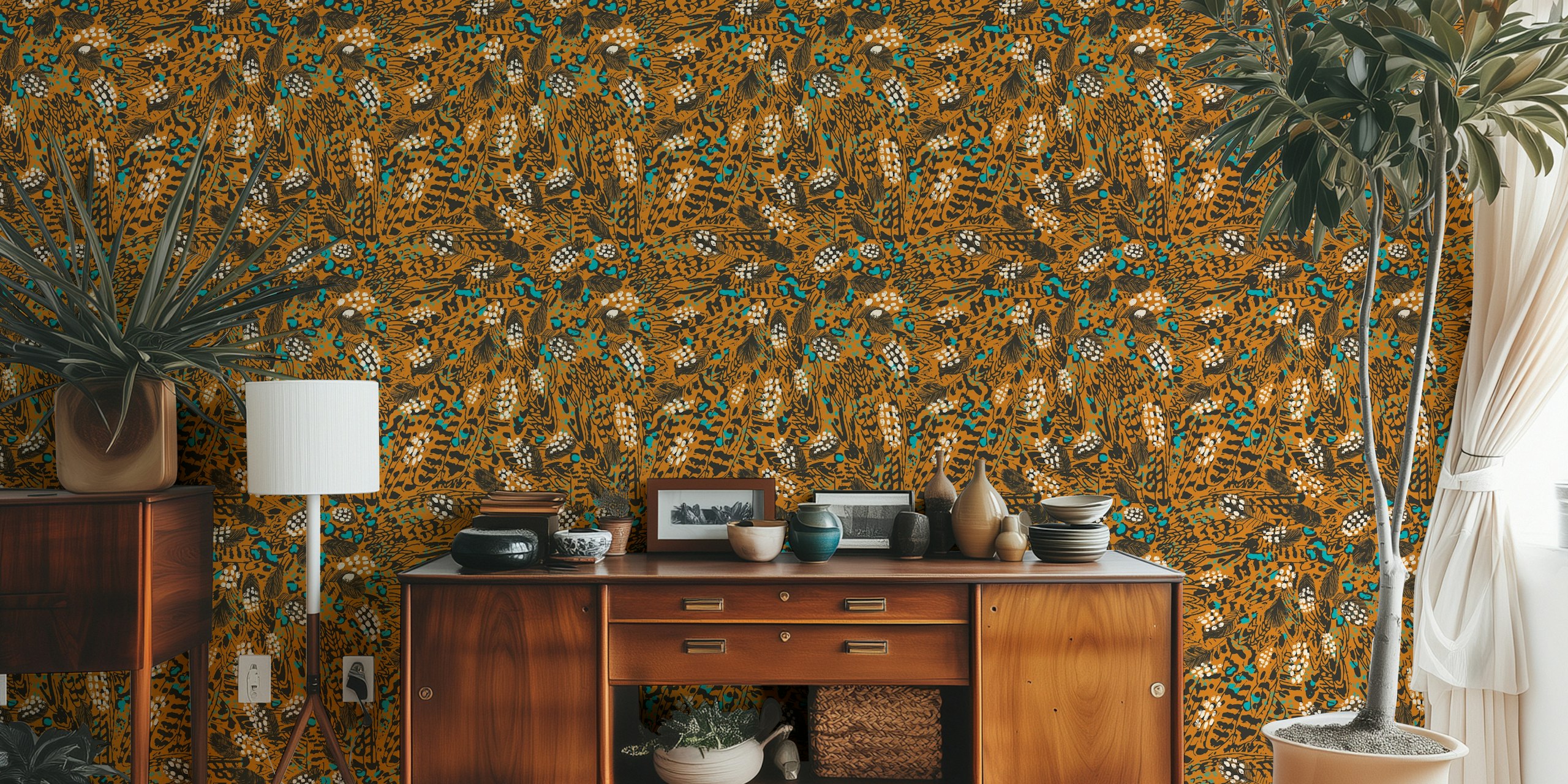 Jungle animal print wallpaper with brown, teal, and white colors in a brushstroke style