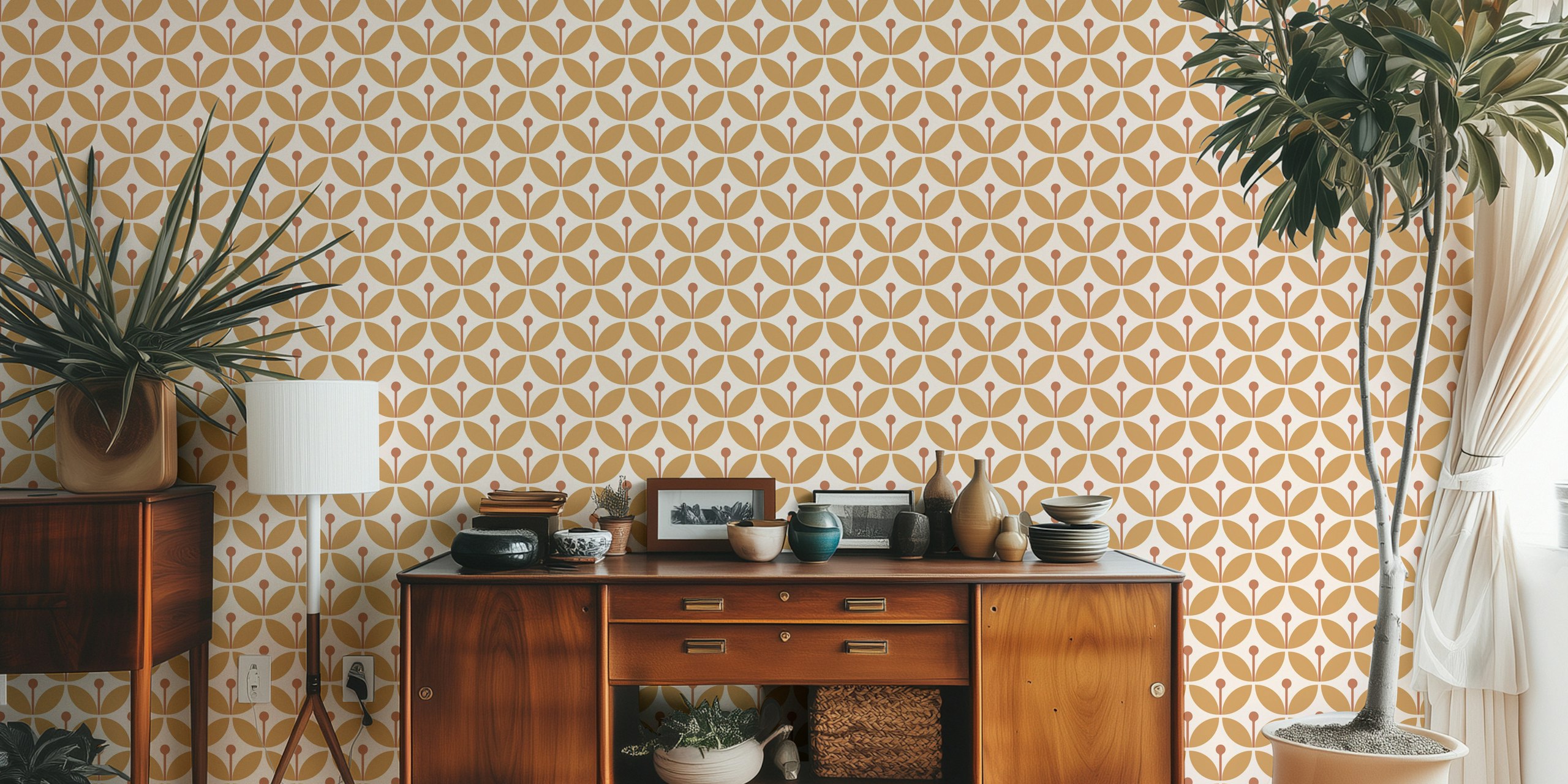 Graphic Scandi Floral Boho Yellow tapet i et rum