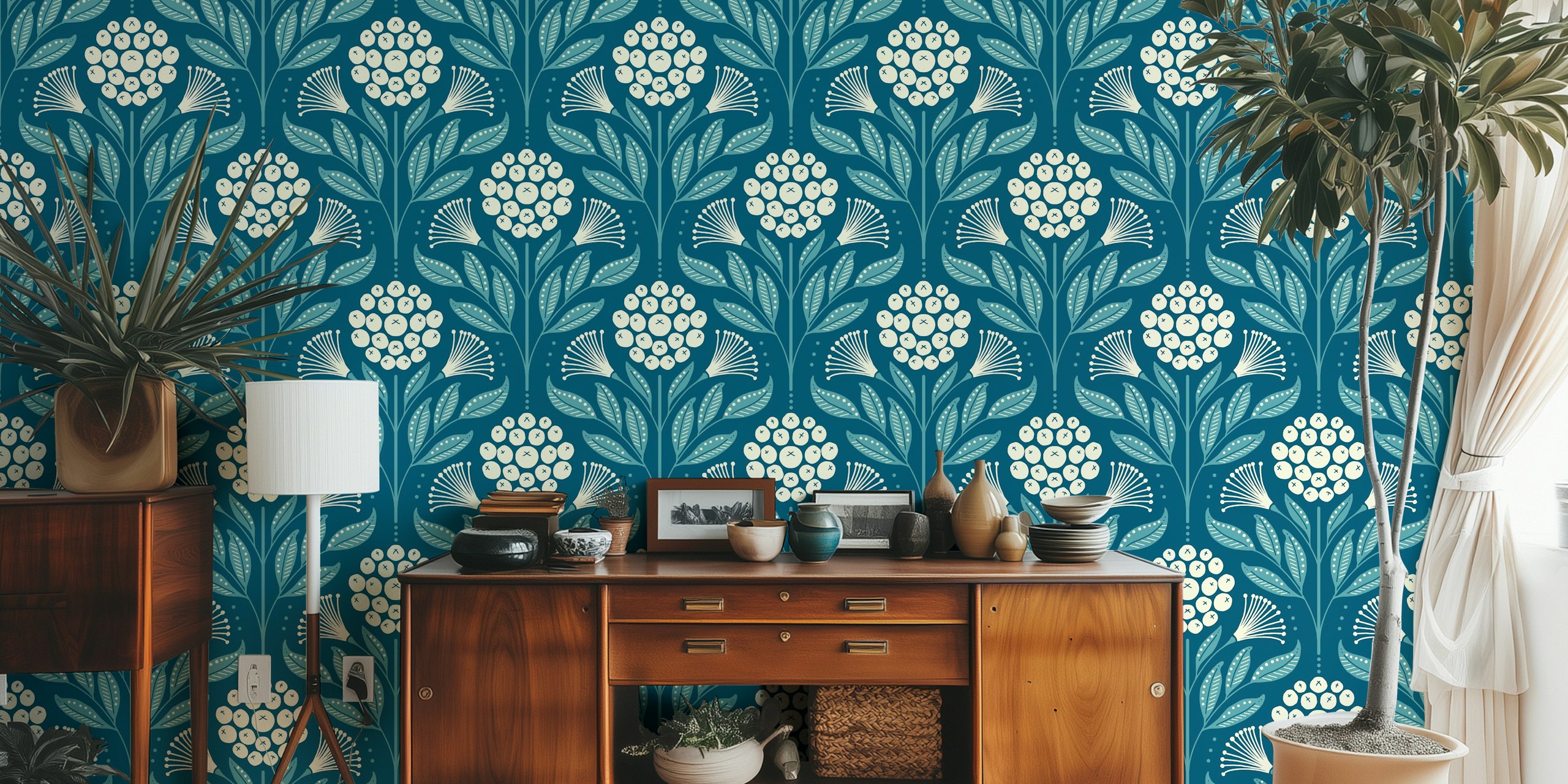 Floral pattern with white flowers and green leaves on a petrol blue background wallpaper