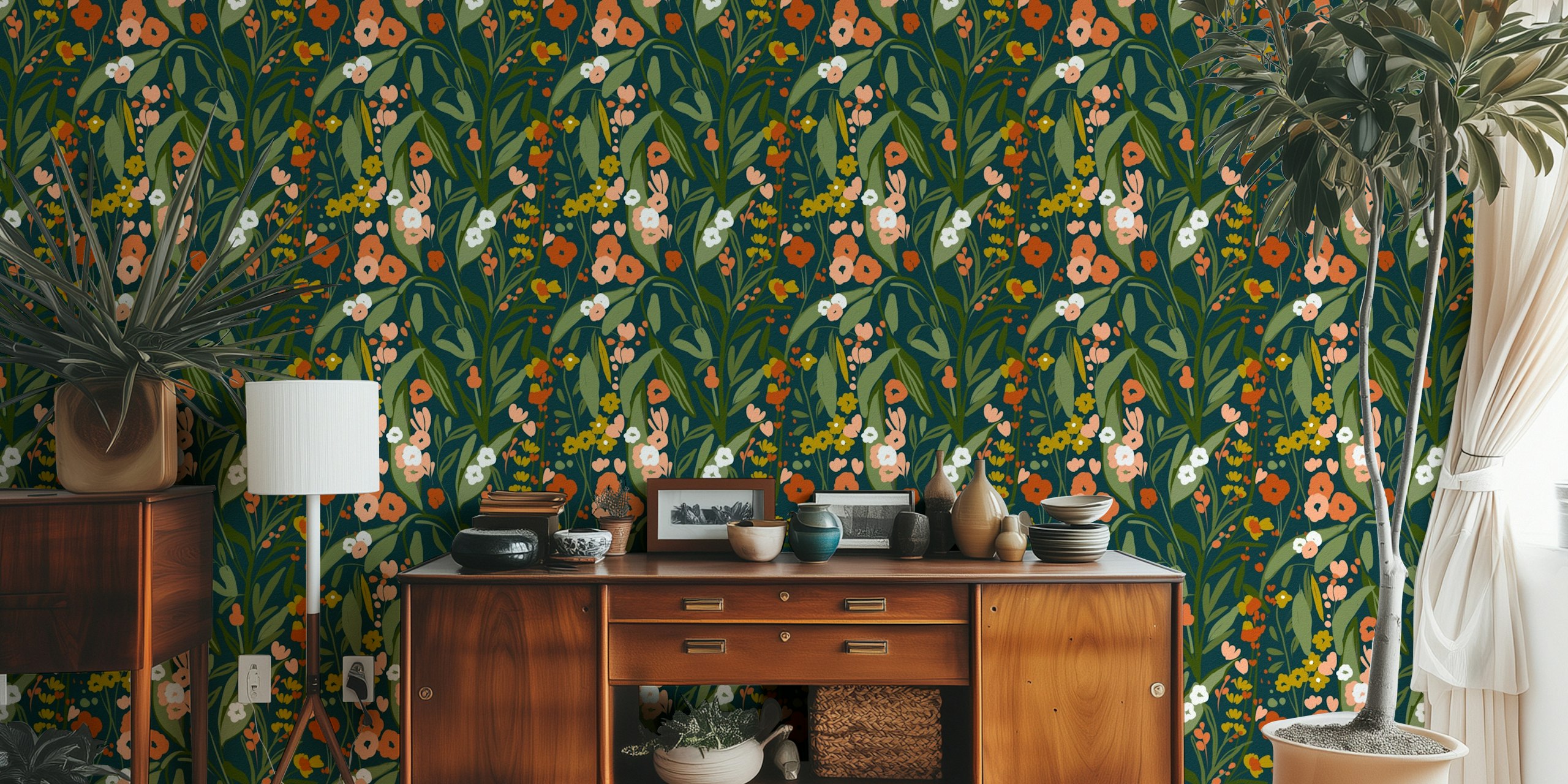 Colorful floral pattern with green background wallpaper