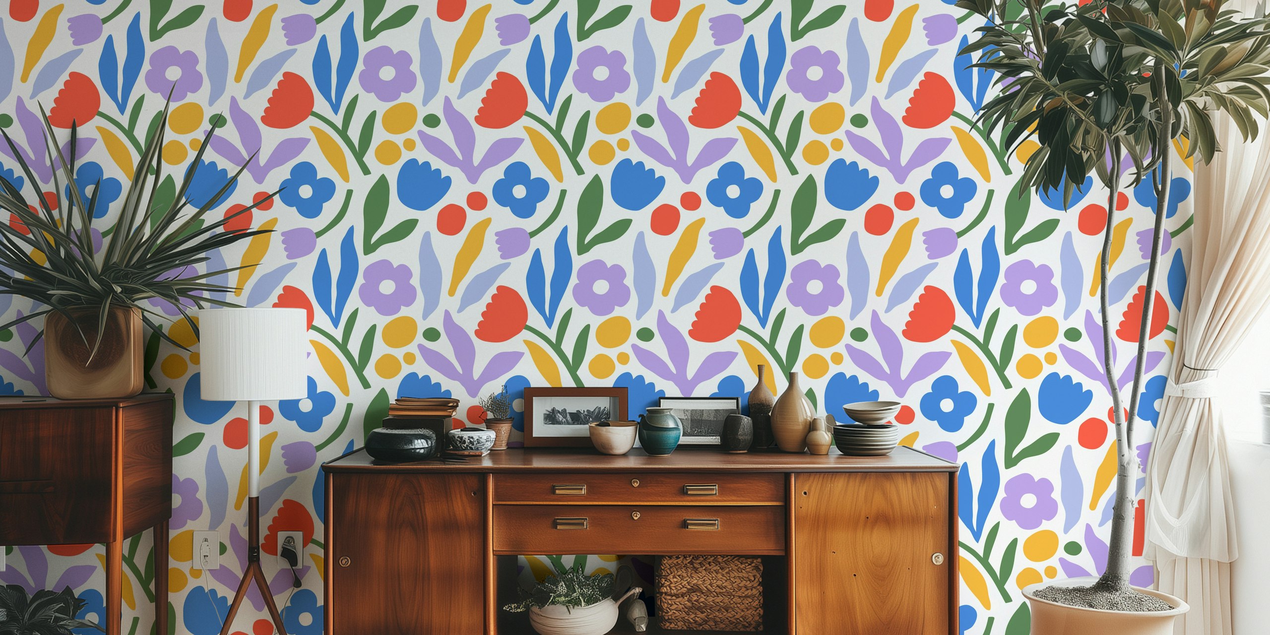 Papel de parede Color Burst Flora em um ambiente de quarto